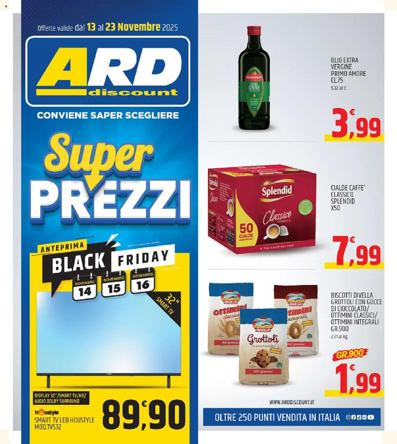 Volantino ARD Discount del 13.11.2025 | Pagina: 1 | Prodotti: Biscotti, TV, Audio, Olio extra vergine