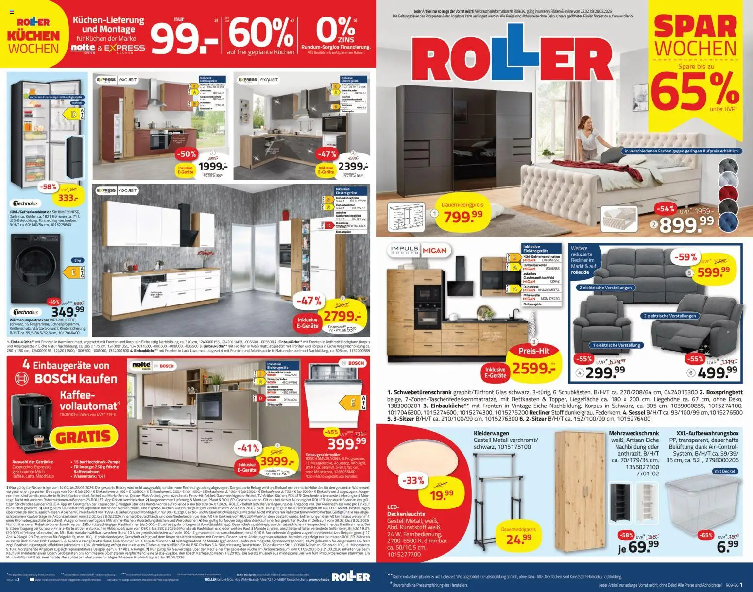 Roller Prospekt 	 – gültig ab 22.02.2026 | Seite: 2 | Produkte: Bosch, Einbauküche, Schwebetürenschrank, Boxspringbett