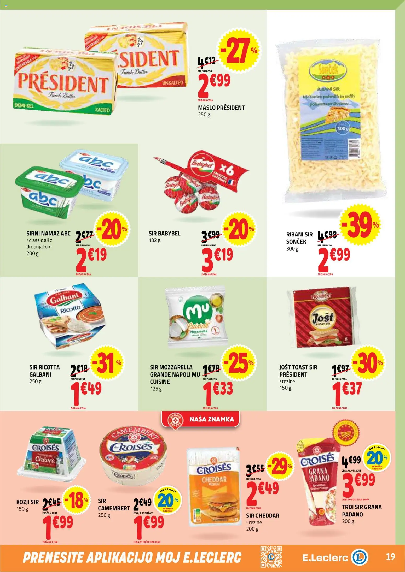 Novi E.leclerc katalog ponudbe – veljaven od 22.04.2026 | Stran: 19 | Izdelki: Sirni namaz, Namaz, Maslo, Sir