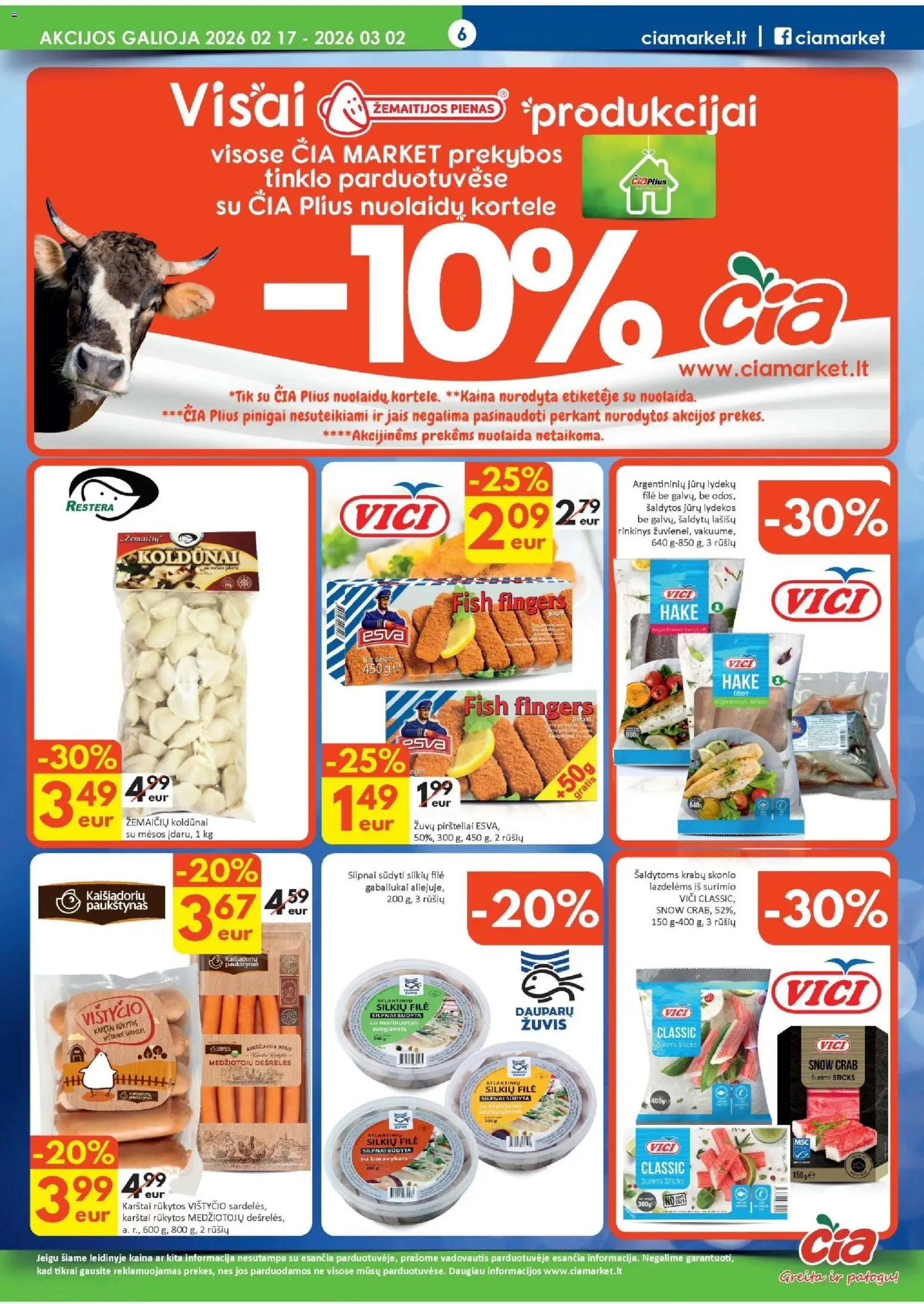 ČIA MARKET akcijos nuo 17.02.2026 | Puslapis: 6 | Prekių: Sardelės, Pienas, Silkių filė, Žuvis