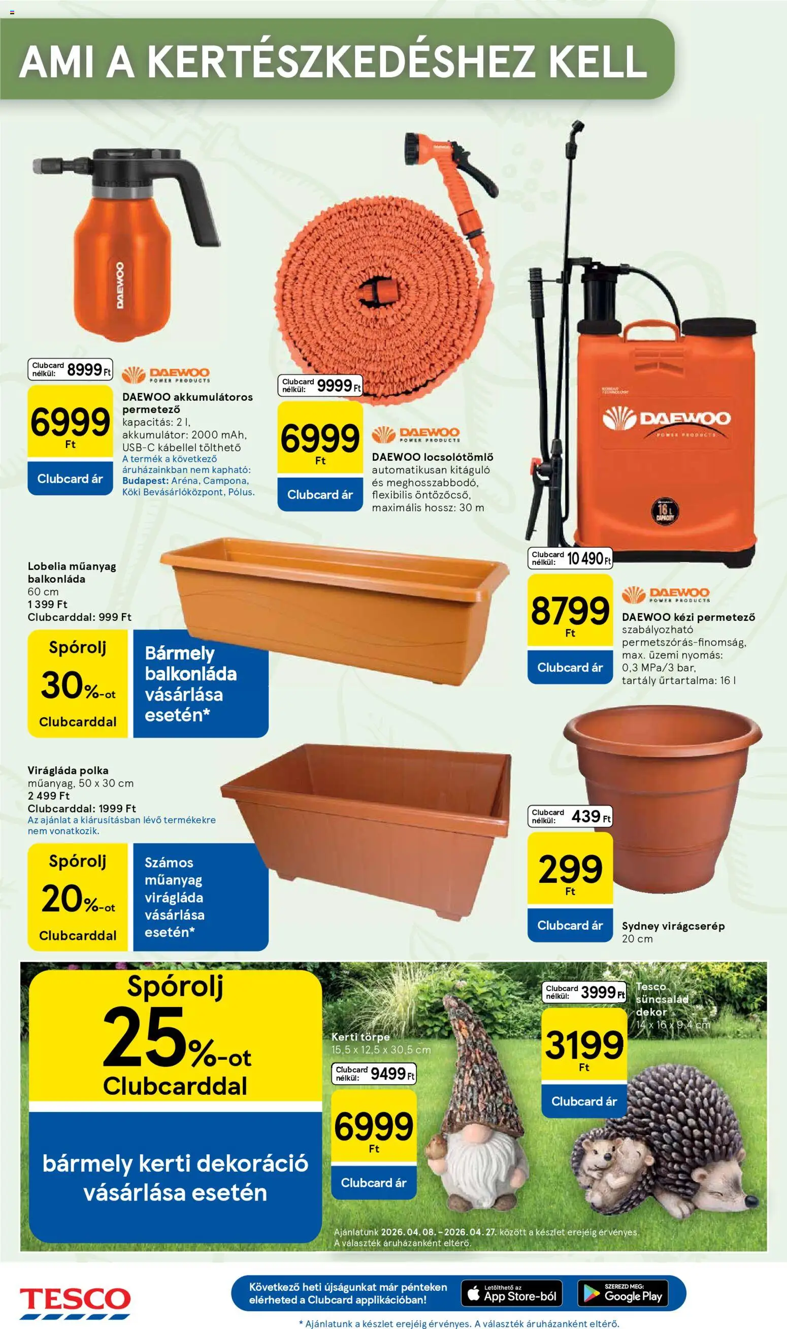 Tesco akciós ujság - amely érvényes a következő dátumtól: 07.04.2026 | Oldal: 30 | Termékek: Permetező, Akkumulátor, Locsolótömlő, Balkonláda