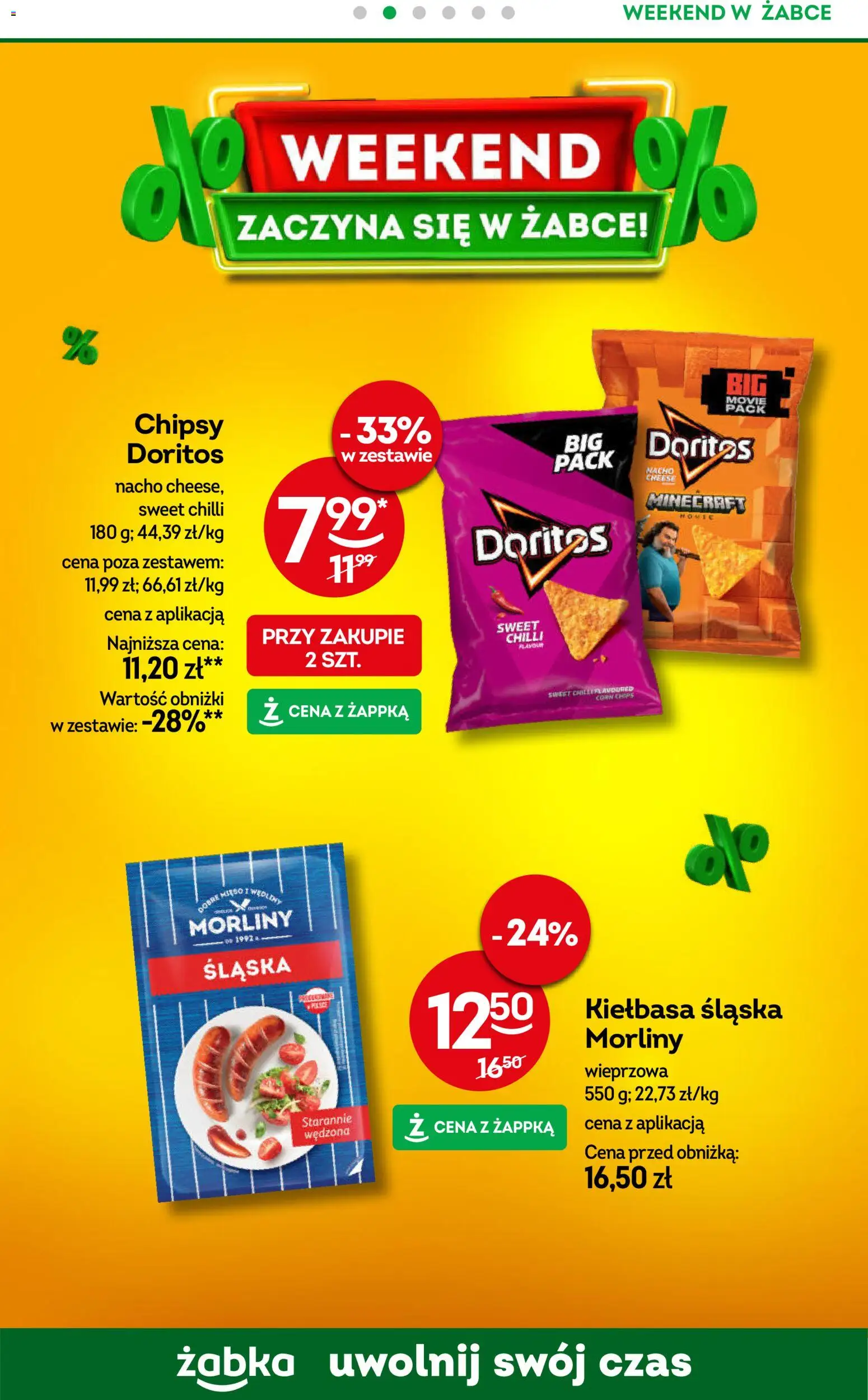 Żabka Gazetka - Weekendowe promocje od 20.02.2026 | Strona: 3 | Produkty: Kiełbasa, Chipsy, Kiełbasa śląska morliny, Doritos