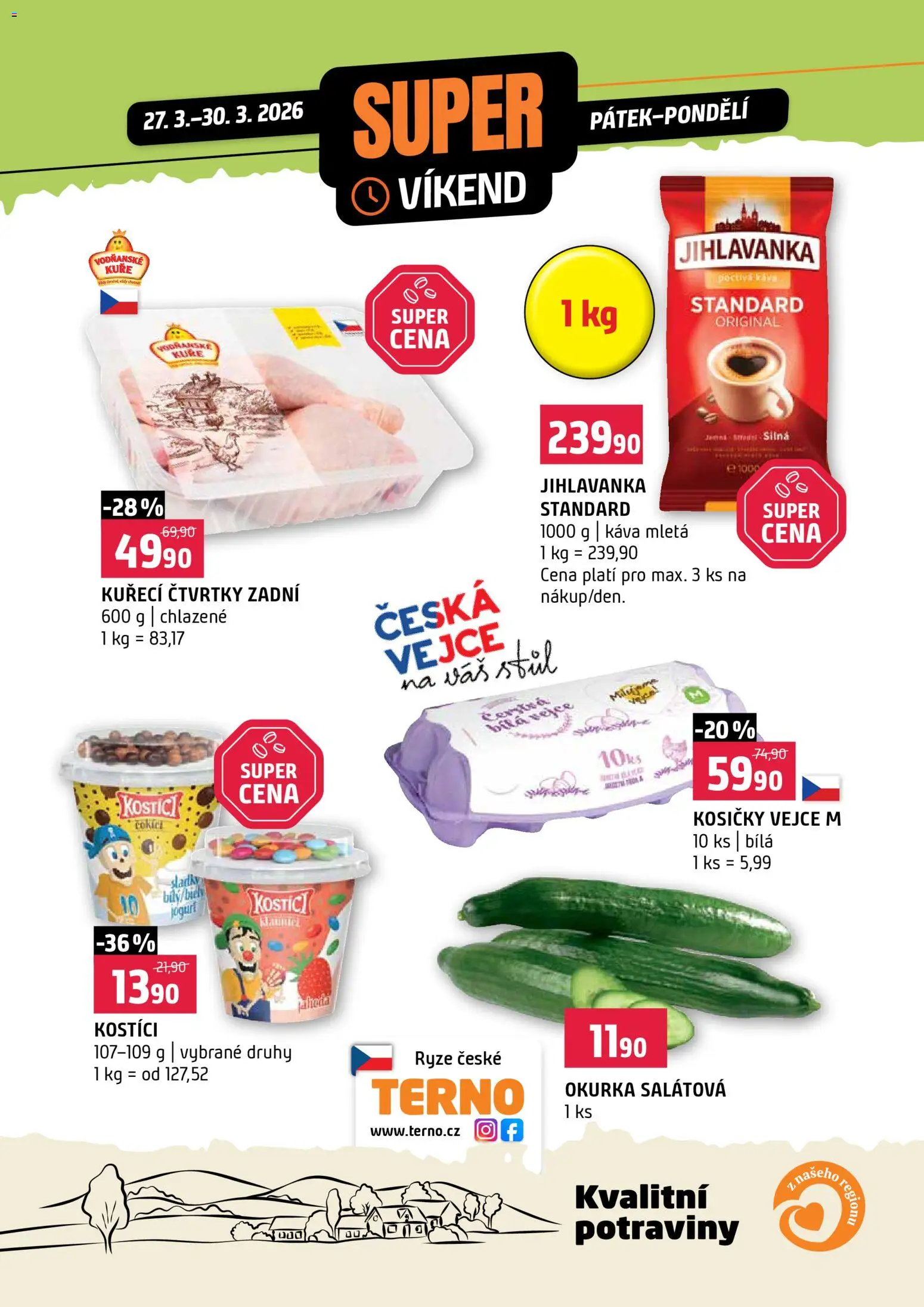 Terno leták - Super víkend od 27.03.2026 | Strana: 1 | Produkty: Jogurt, Káva, Jihlavanka, Stůl