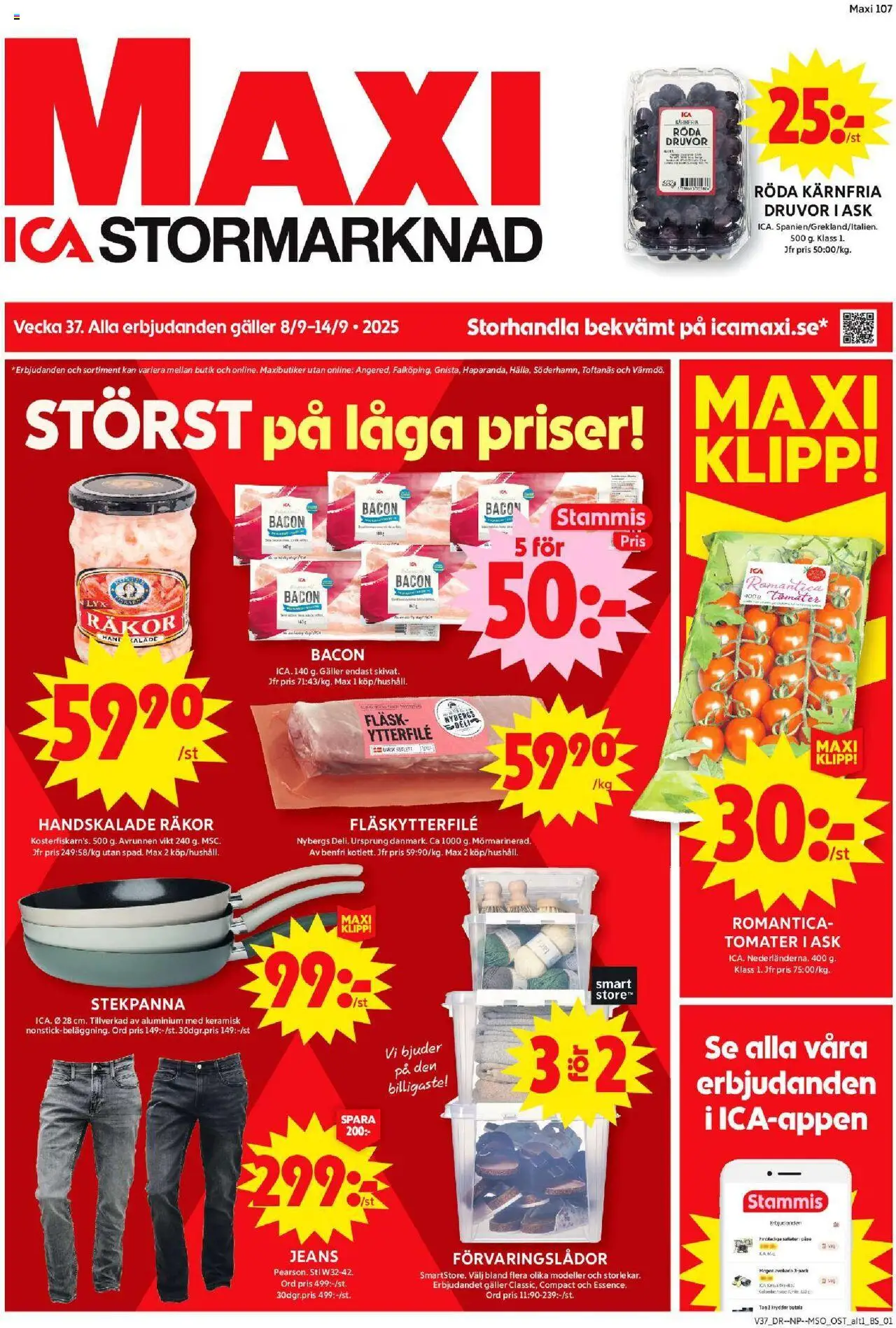 ICA Maxi reklamblad aktuell från 08.09.2025 | Sida: 1 | Produkter: Bacon, Fläskytterfilé, Fläsk, Tomater