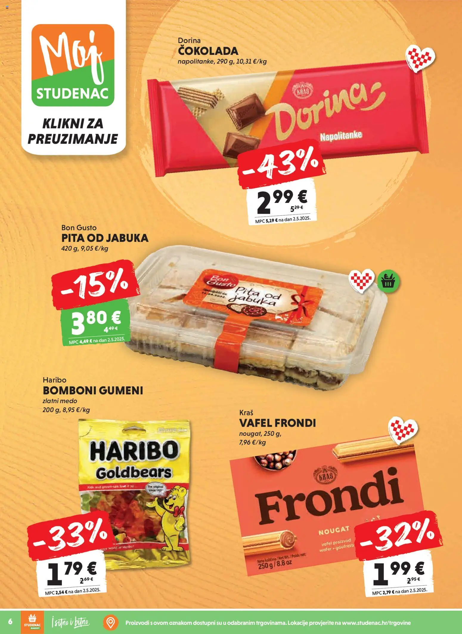 Studenac katalog | vrijedi od 18.02.2026 | Stranica: 6 | Proizvodi: Dorina, Čokolada, Napolitanke, Jabuka