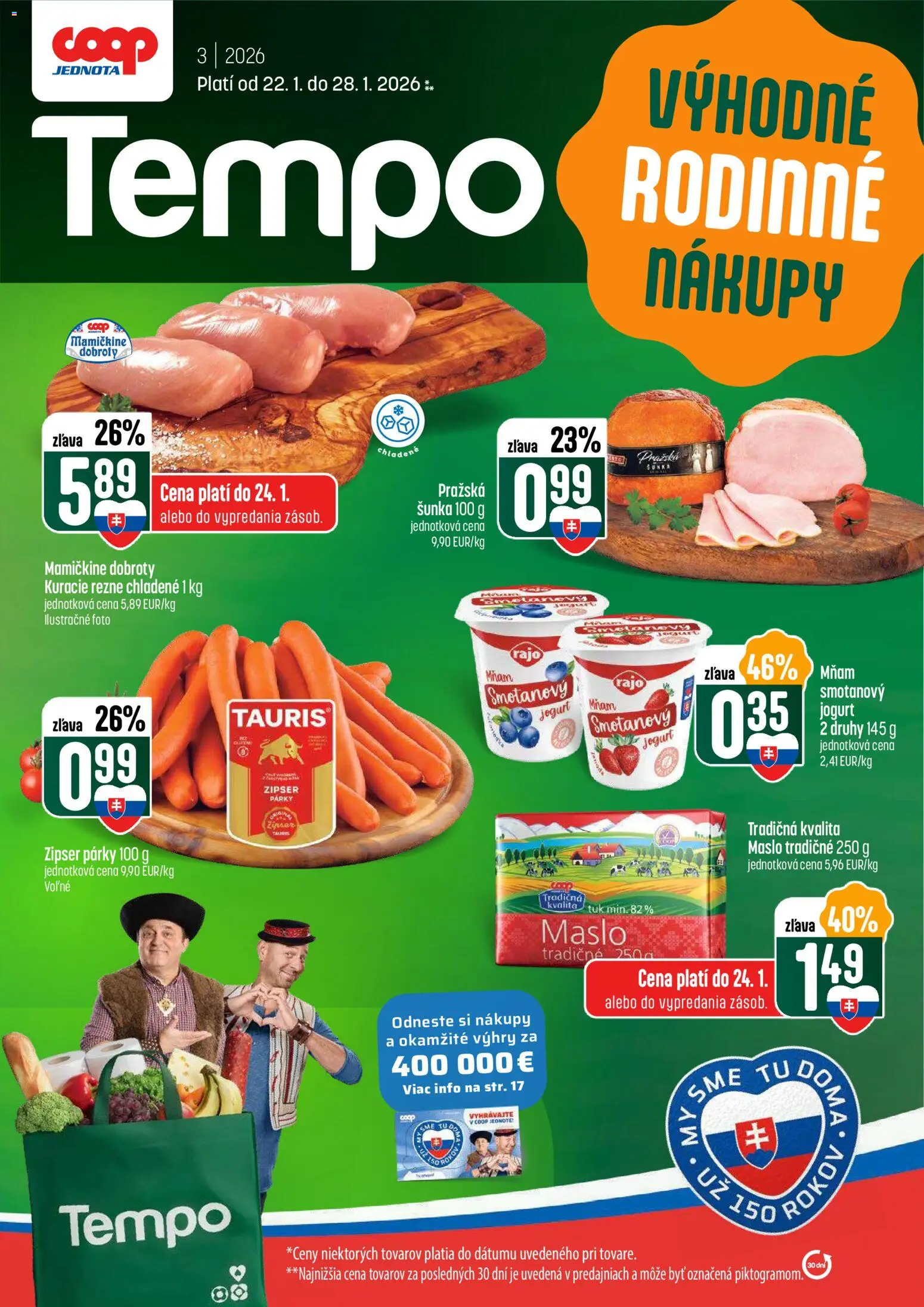 Nové COOP Jednota akcie – leták je platný od 22.01.2026 | Strana: 1 | Produkty: Jogurt, Šunka, Kuracie rezne, Párky