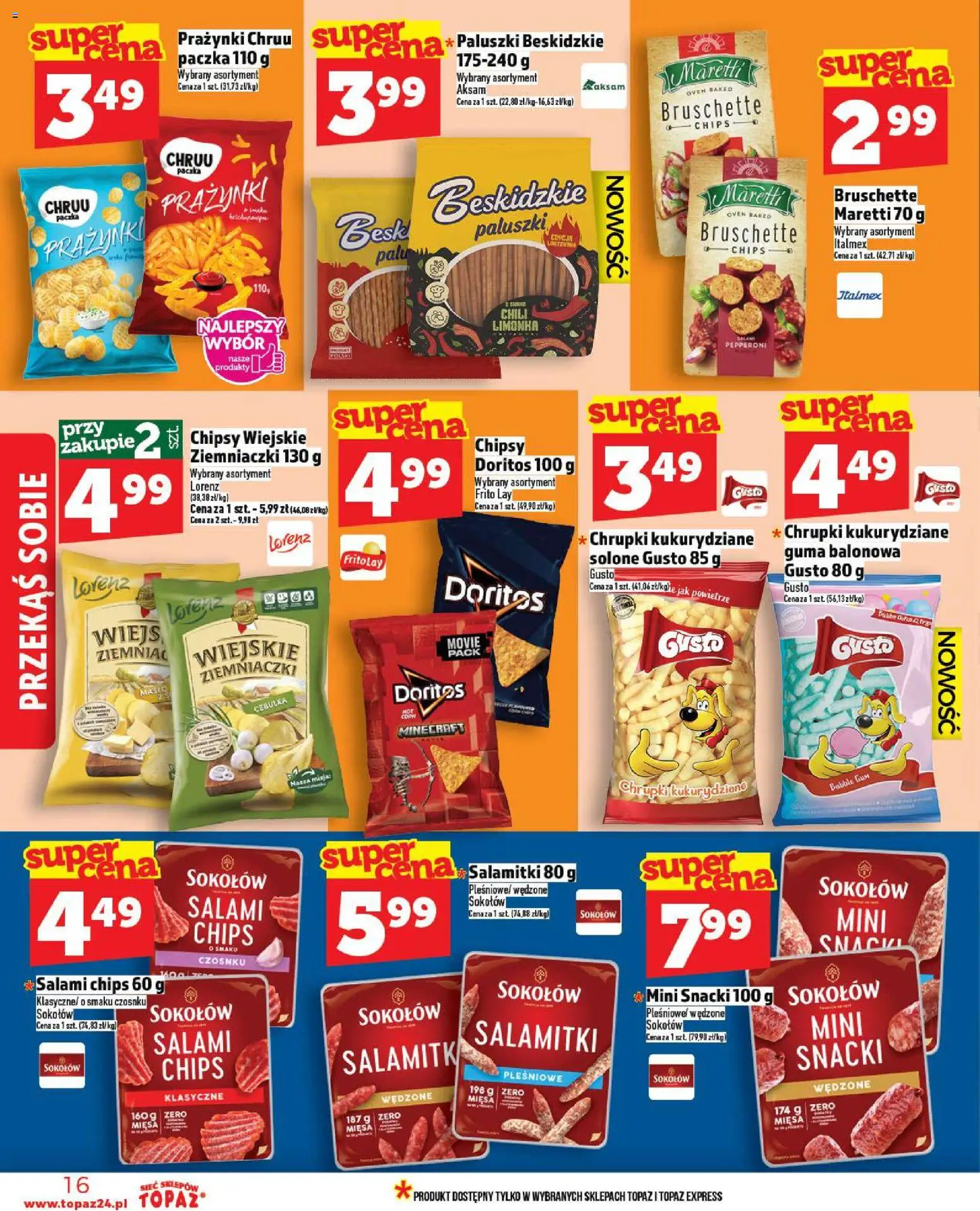 Topaz Gazetka MAZ od 13.11.2025 | Strona: 16 | Produkty: Doritos, Ziemniaczki, Paluszki, Salami