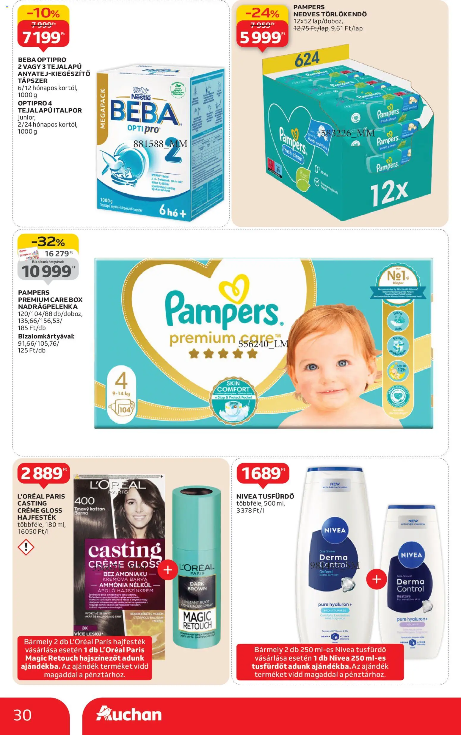 Auchan akciós ujság - amely érvényes a következő dátumtól: 08.01.2026 | Oldal: 30 | Termékek: Pampers, Törlőkendő, Tusfürdő, Italpor