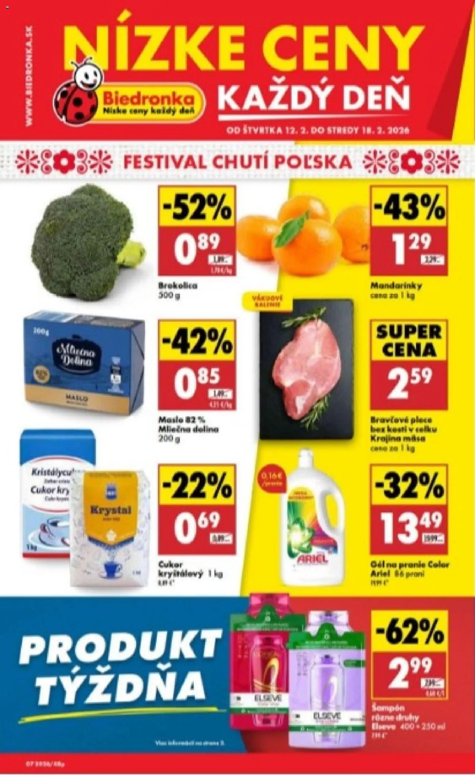 Nové Biedronka akcie – leták je platný od 12.02.2026 | Strana: 1 | Produkty: Cukor, Mandarinky, Ariel