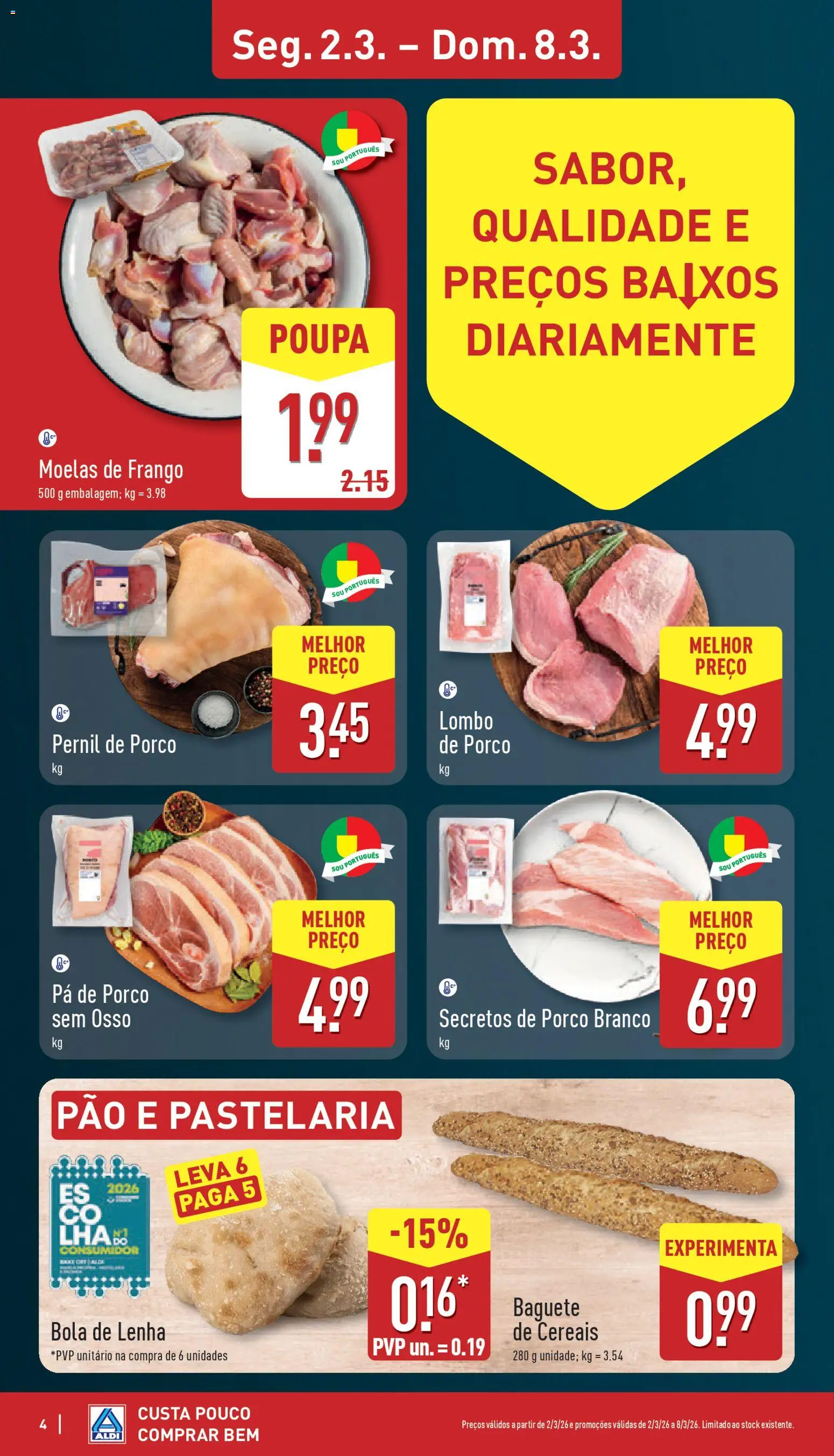 Aldi folheto │ válido de 02.03.2026 | Página: 4 | Produtos: Lombo, Pão, Cereais, Pá