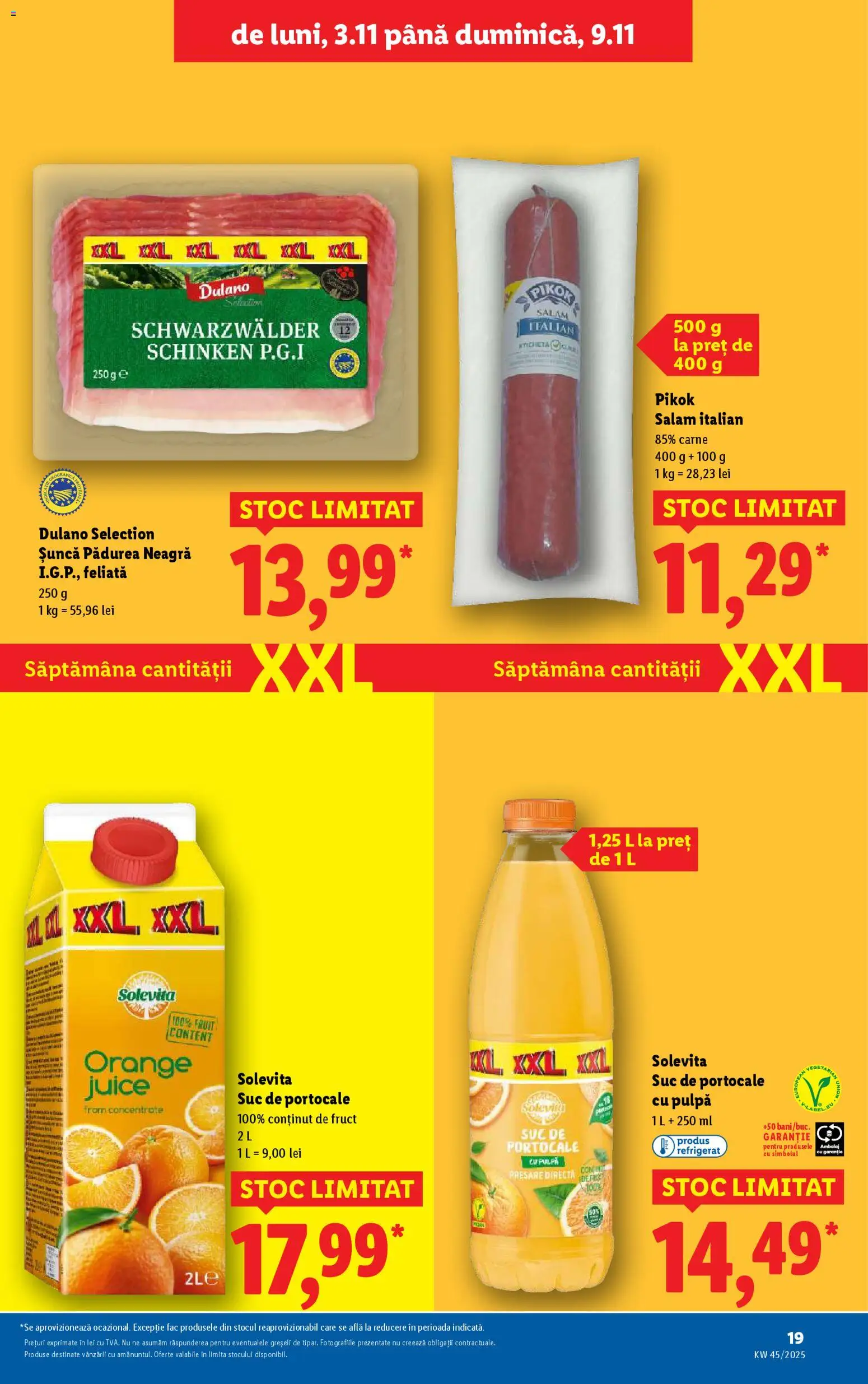 Noul catalog Lidl – valabil de la 03.11.2025 | Pagină: 19 | Produse: Salam, Șuncă, Suc, Portocale