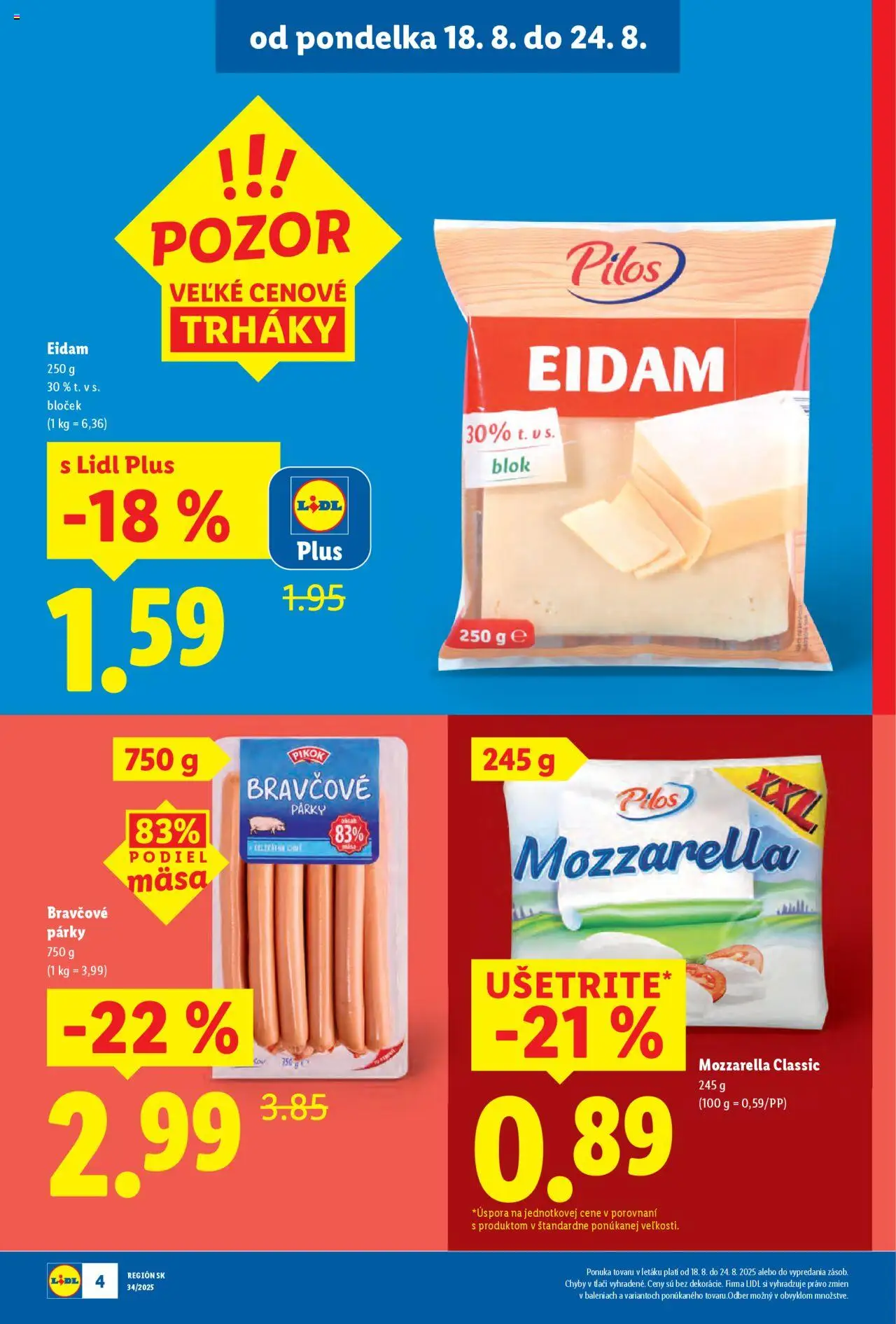 Lidl leták │ platný od 18.08.2025 | Strana: 4 | Produkty: Eidam, Mozzarella, Párky