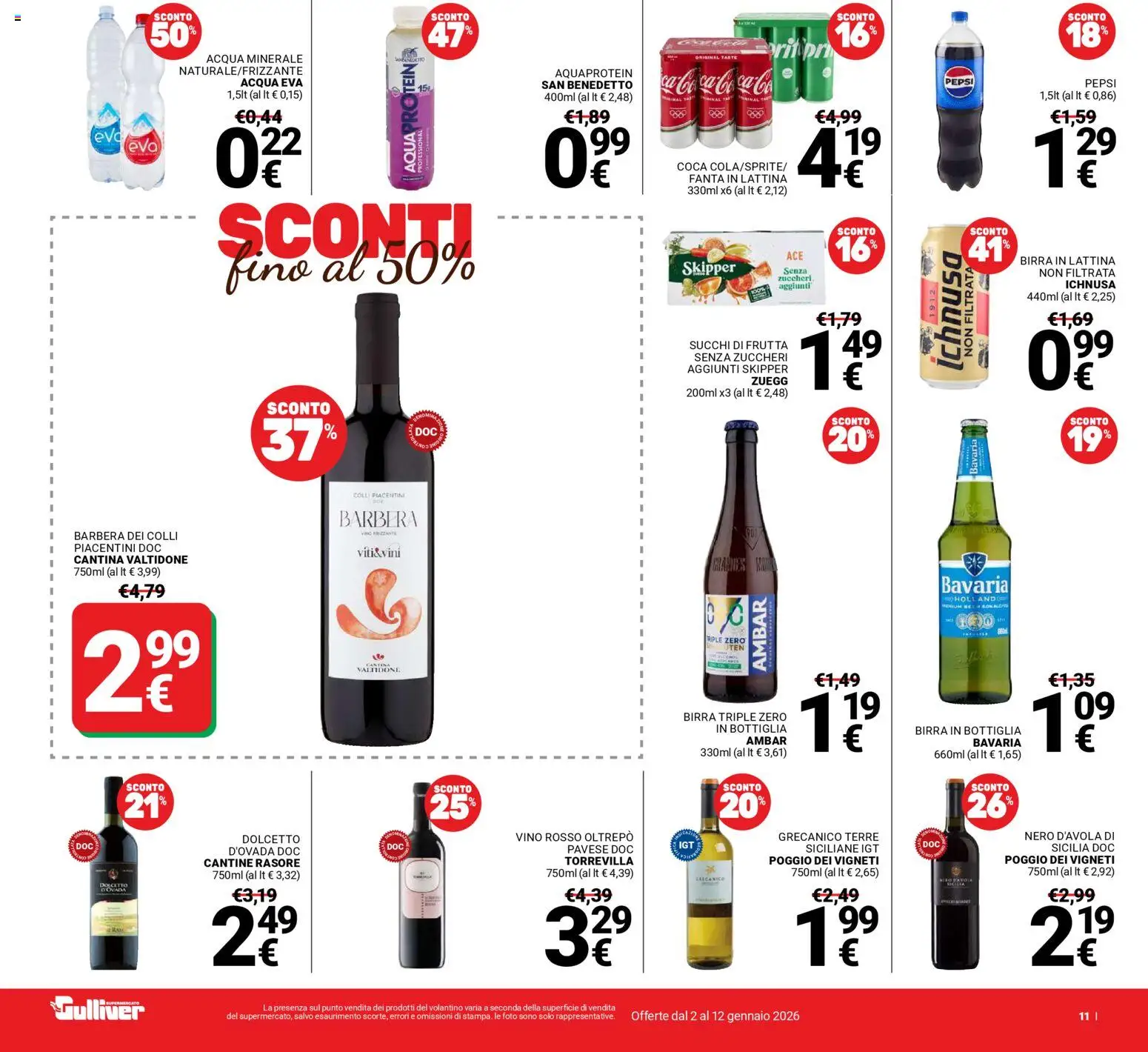 Volantino Gulliver del 02.01.2026 | Pagina: 11 | Prodotti: Birra, Frutta, Acqua minerale, Vino rosso