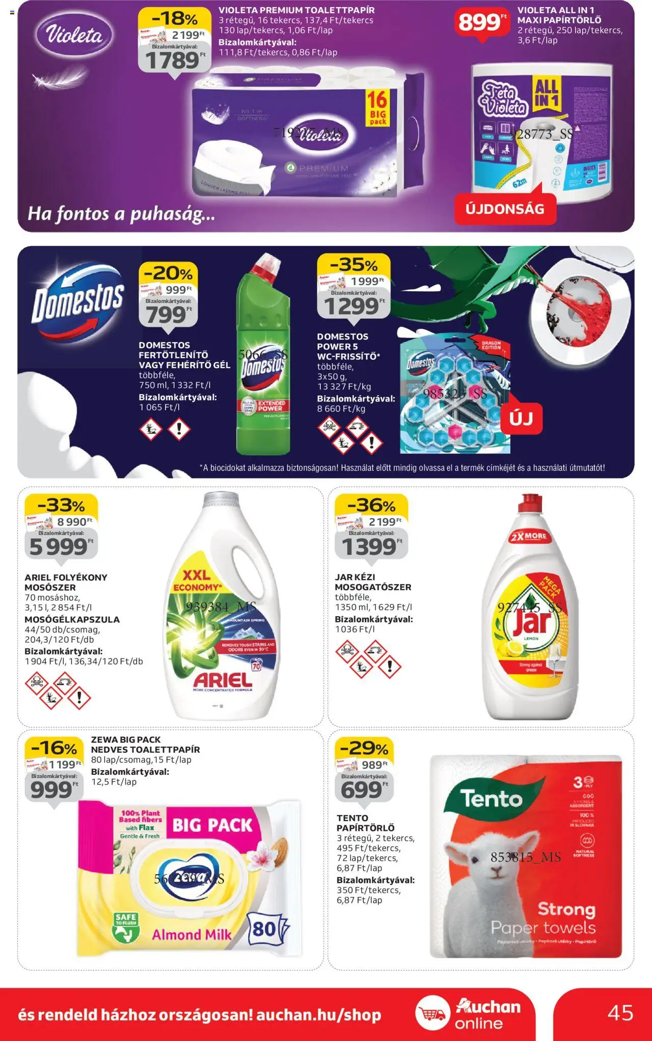 Auchan akciós ujság - amely érvényes a következő dátumtól: 09.10.2025 | Oldal: 45 | Termékek: Ariel, Papírtörlő, Mosószer, Mosogatószer