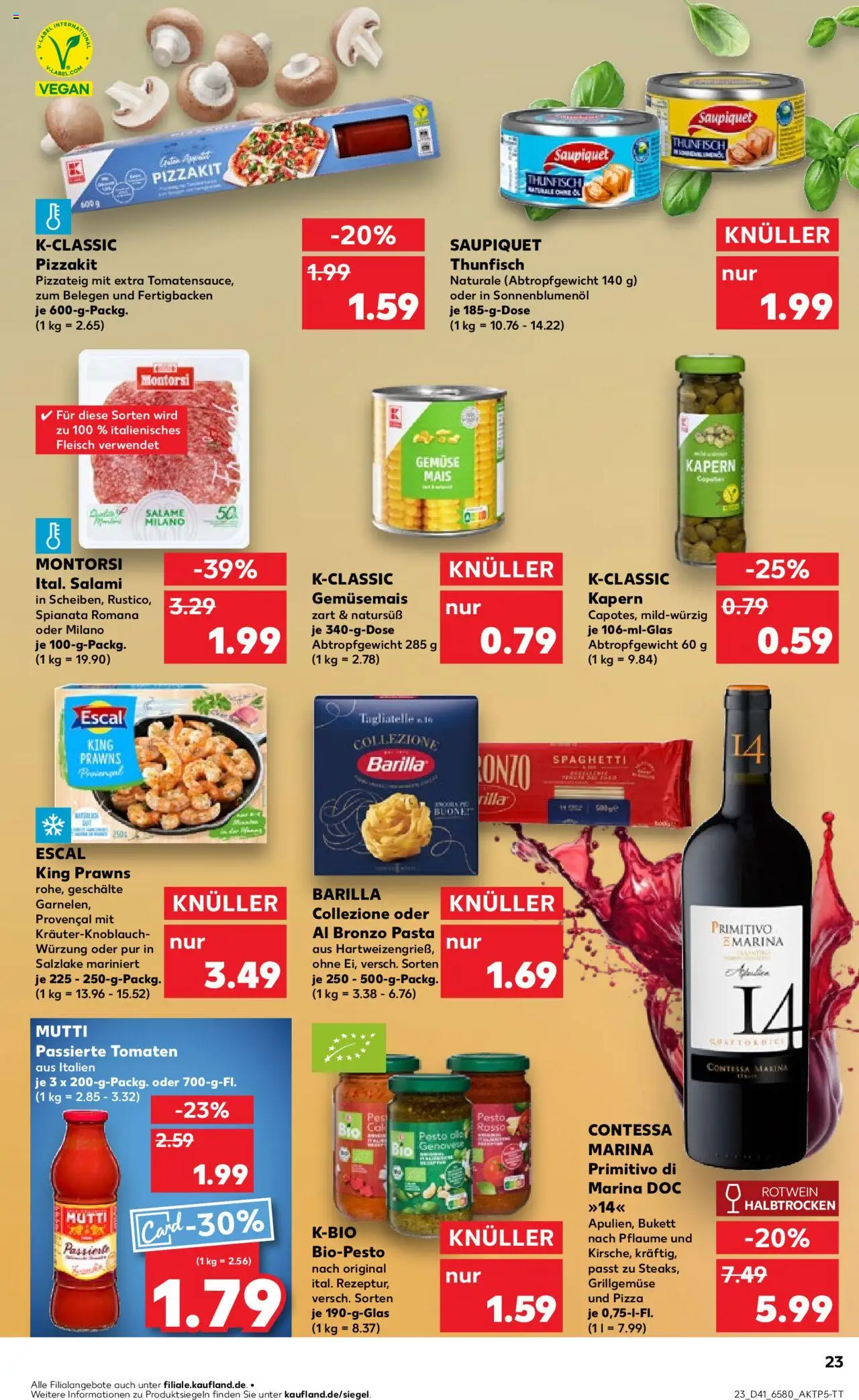 Kaufland prospekt Kiel	 – gültig ab 09.10.2025 | Seite: 23 | Produkte: Rotwein, Salami, Pizza, Fleisch