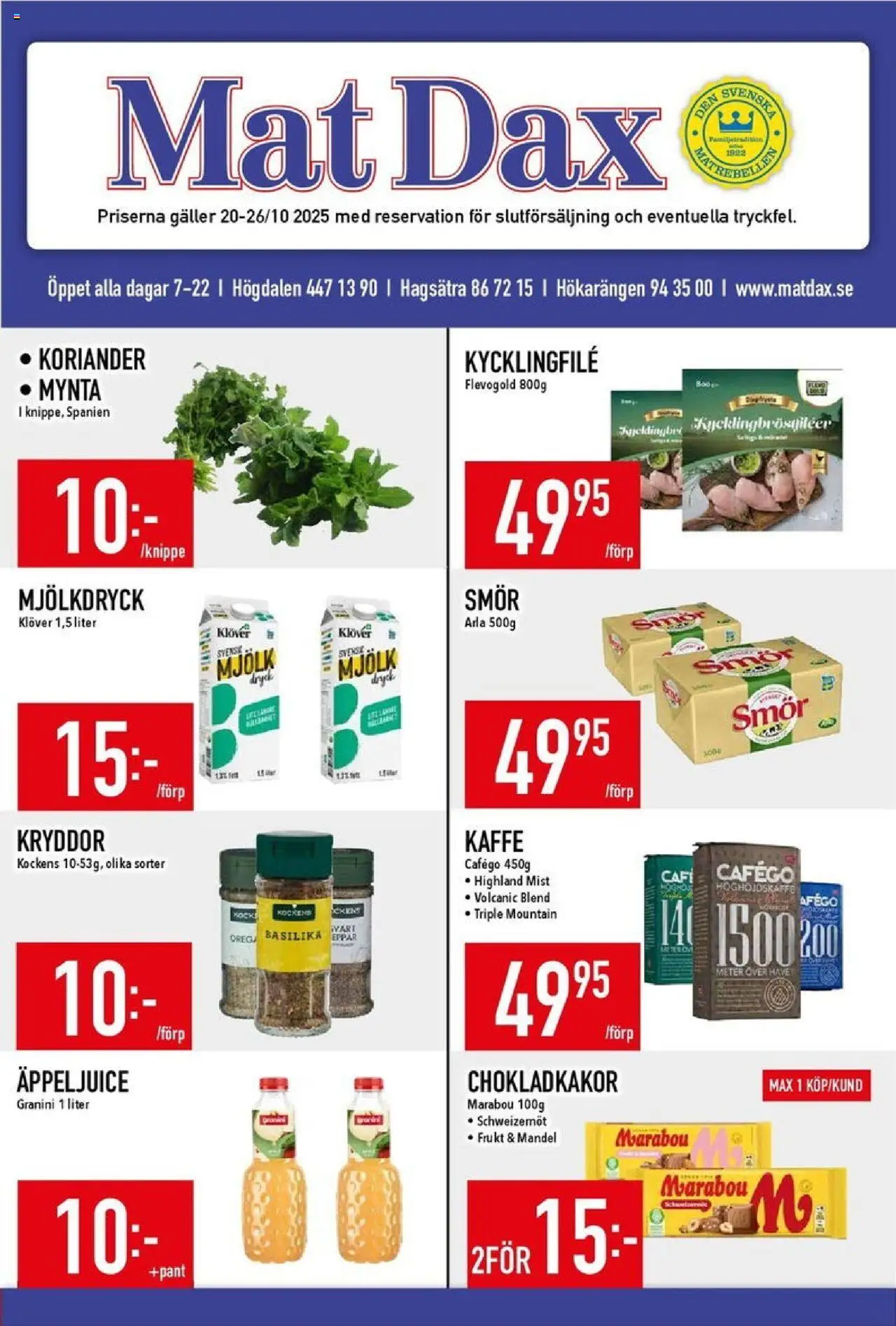 Matdax reklamblad aktuell från 20.10.2025 | Sida: 1 | Produkter: Galler, Mjölk, Mynta, Koriander