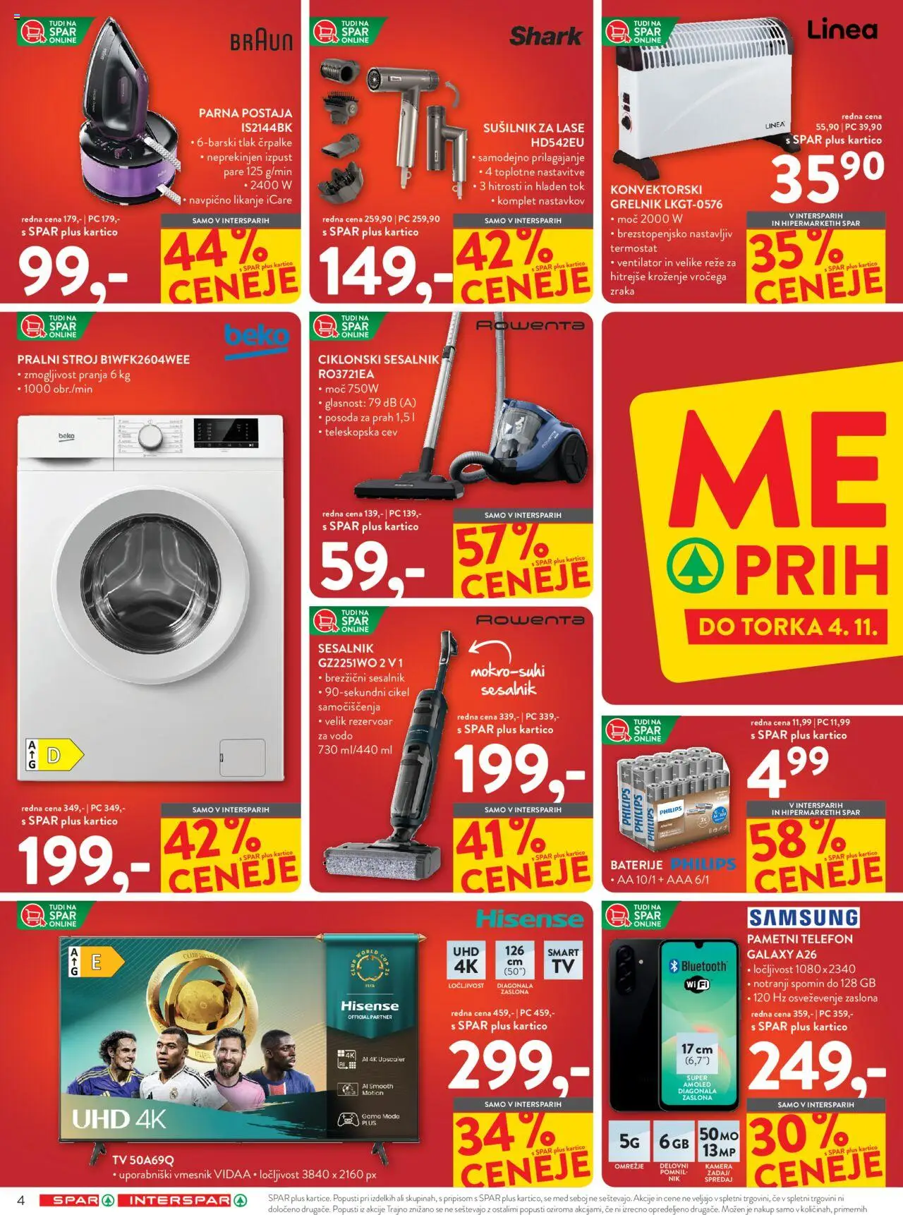 Novi Spar katalog ponudbe – veljaven od 22.10.2025 | Stran: 4 | Izdelki: Telefon, Pralni stroj, Sušilnik za lase, Sesalnik