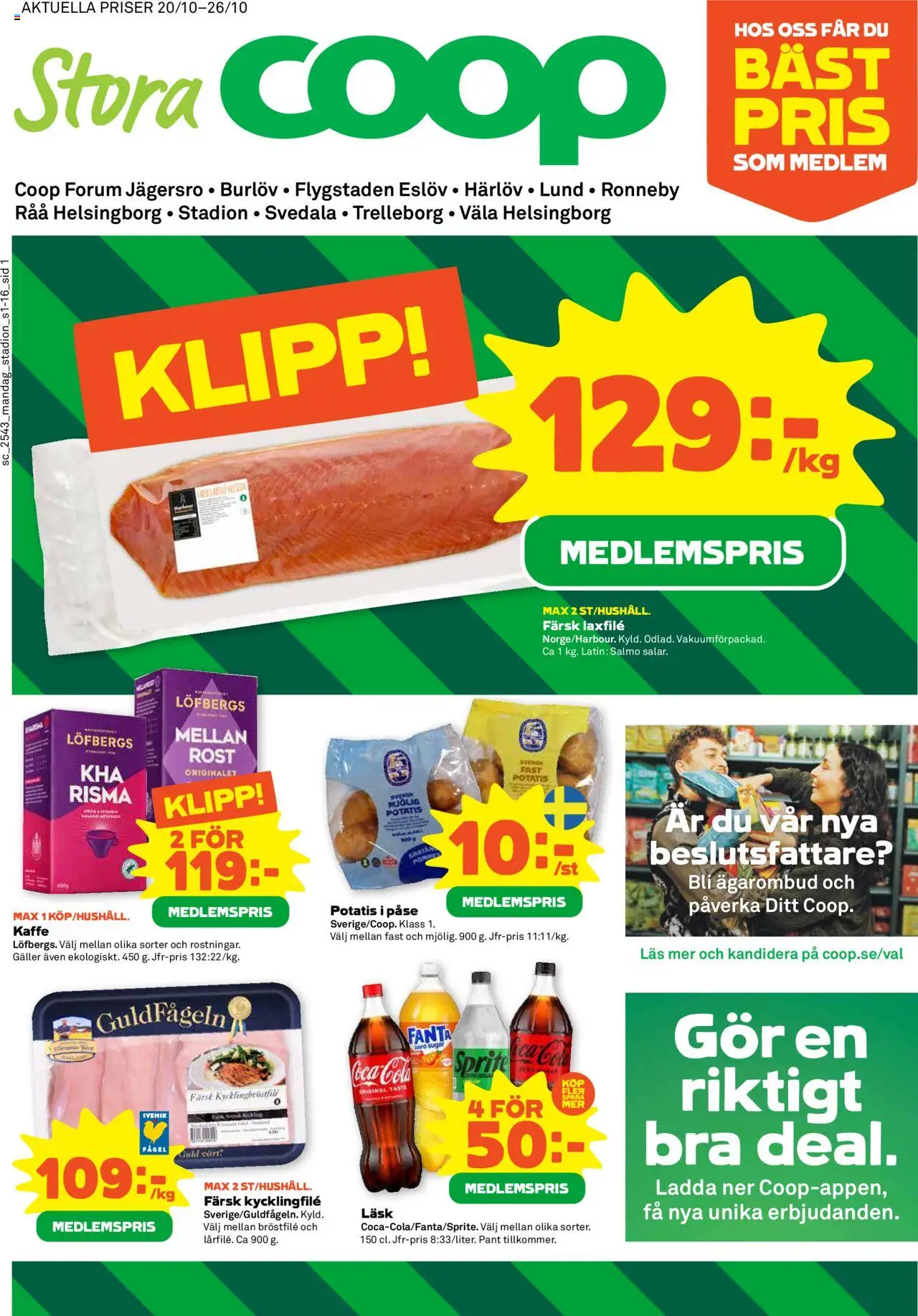Stora Coop reklamblad aktuell från 20.10.2025 | Sida: 1 | Produkter: Kycklingfile, Galler, Kaffe, Potatis