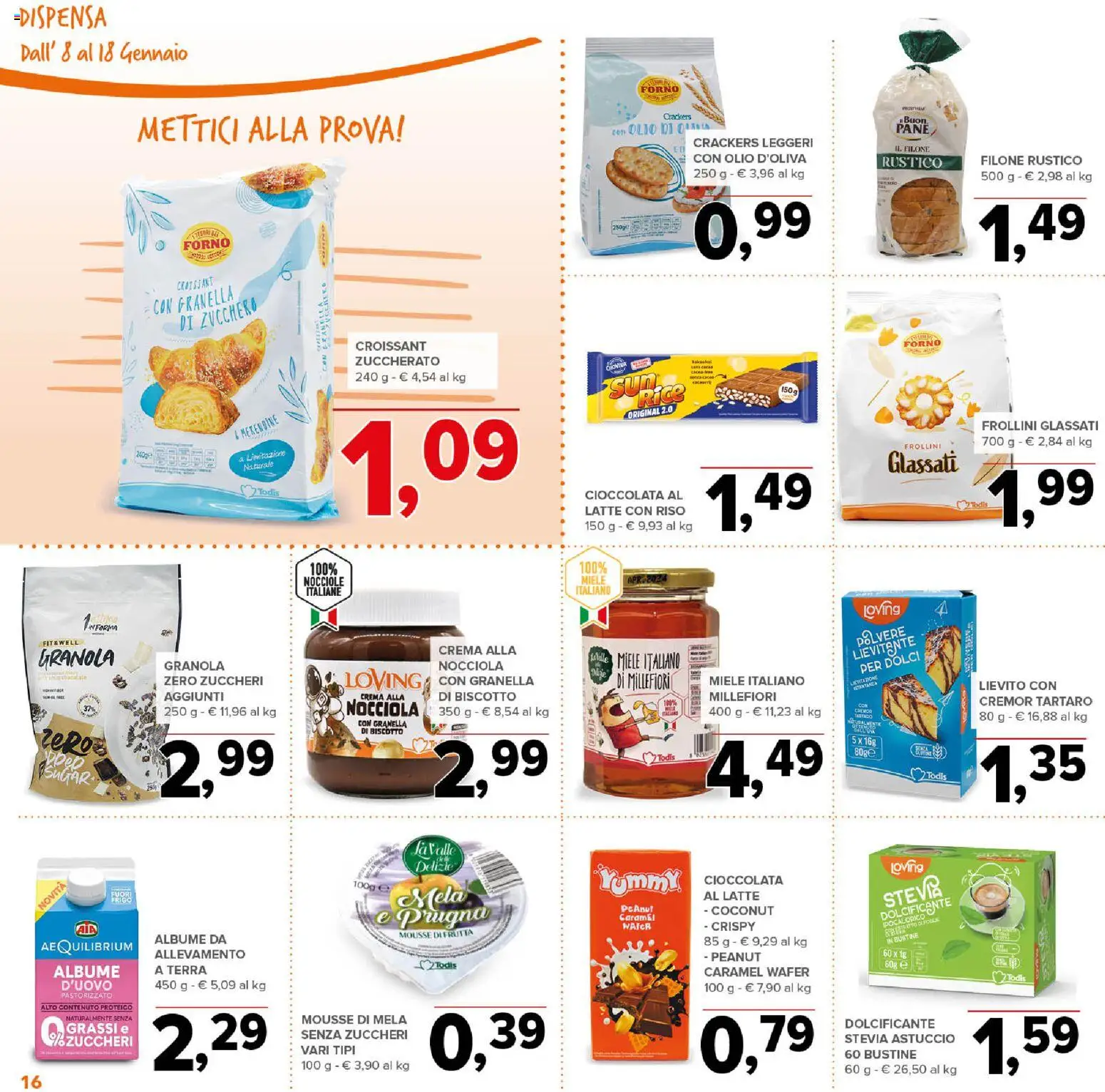 Volantino Todis del 08.01.2026 | Pagina: 16 | Prodotti: Crema, Latte, Astuccio, Croissant