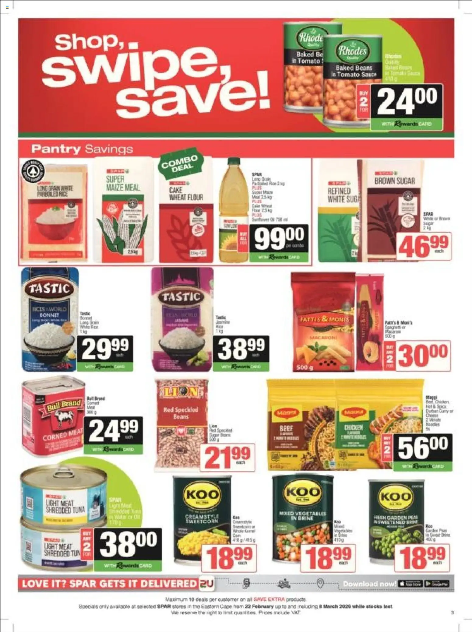 New Spar catalogue – valid from 23.02.2026 | Page: 10 | Products: Corned meat, Maize meal, Rice, Sugar