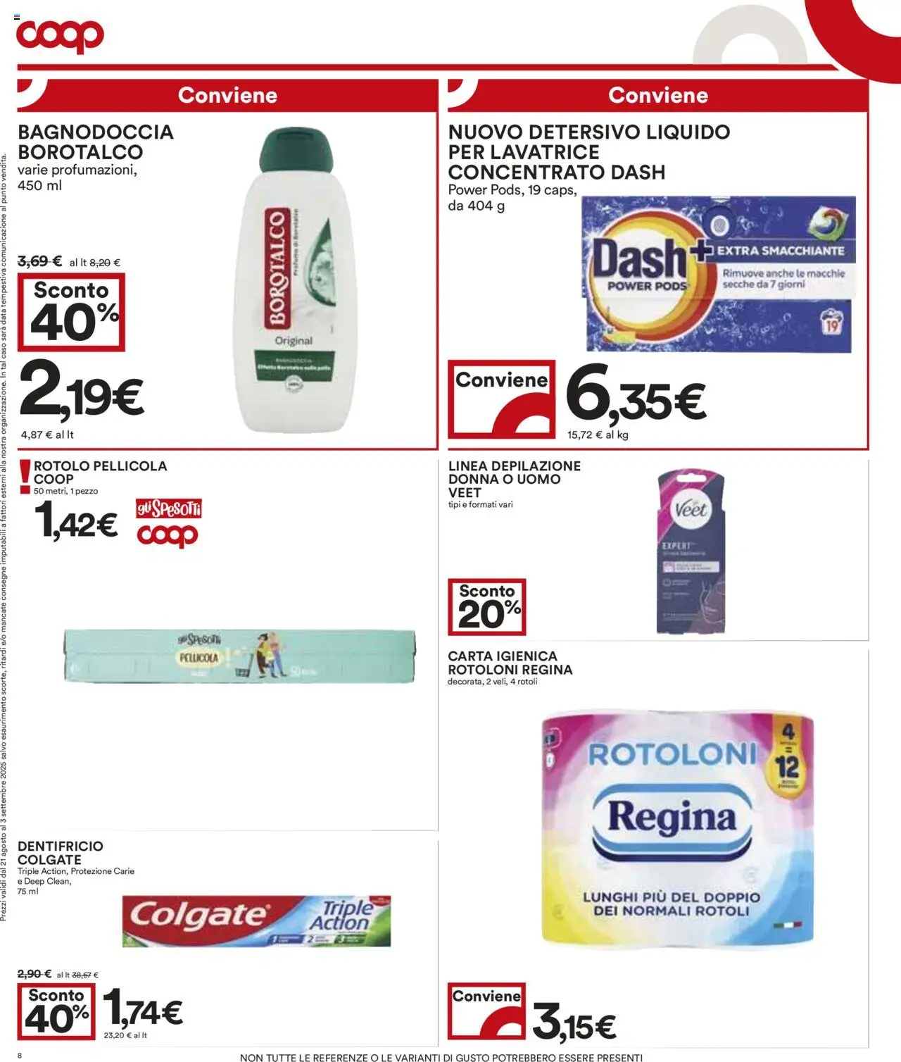 Volantino COOP del 21.08.2025 | Pagina: 8 | Prodotti: Carta igienica, Dentifricio, Lavatrice, Pellicola