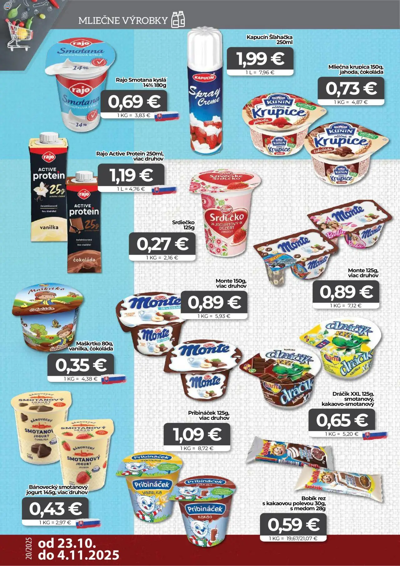 Nové CBA Komfos akcie – leták je platný od 23.10.2025 | Strana: 4 | Produkty: Jogurt, Protein, Čokoláda, Šľahačka