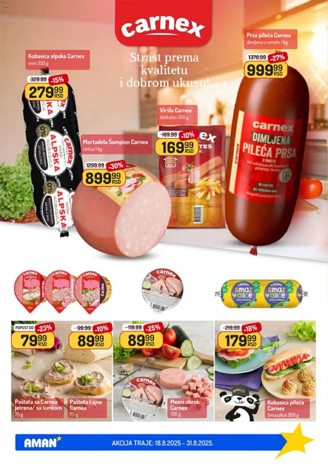 Aman katalog - važi od 18.08.2025 | Strana: 6 | Proizvode: Pileća prsa, Mortadela, Kobasica, Pašteta