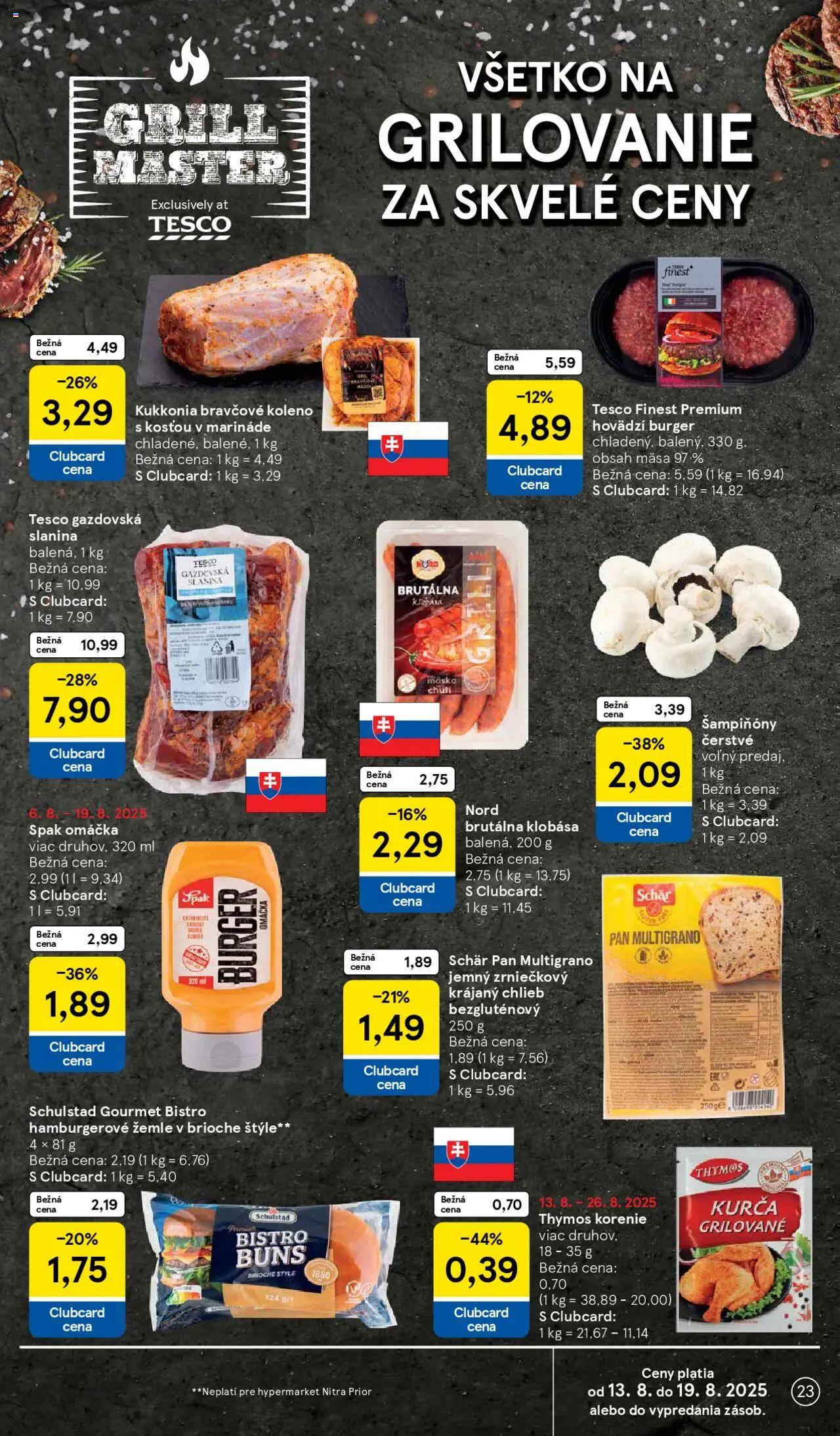 Tesco Hypermarket - leták │ platný od 13.08.2025 | Strana: 23 | Produkty: Slanina, Hamburgerové žemle, Maska, Kurča