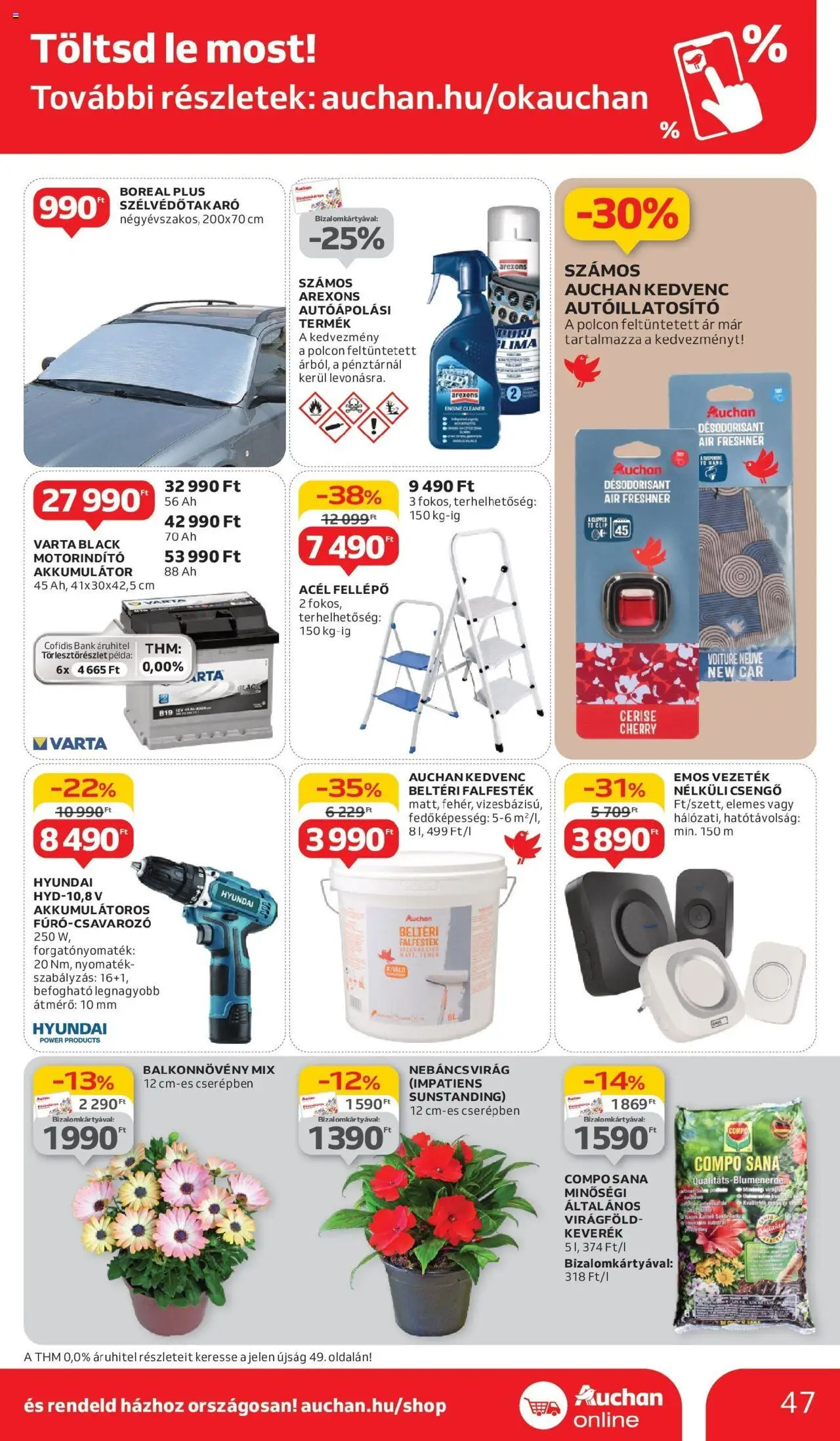 Auchan akciós ujság - amely érvényes a következő dátumtól: 29.05.2025 | Oldal: 47 | Termékek: Vezeték nélküli csengő, Akkumulátor, Virágföld, Fellépő
