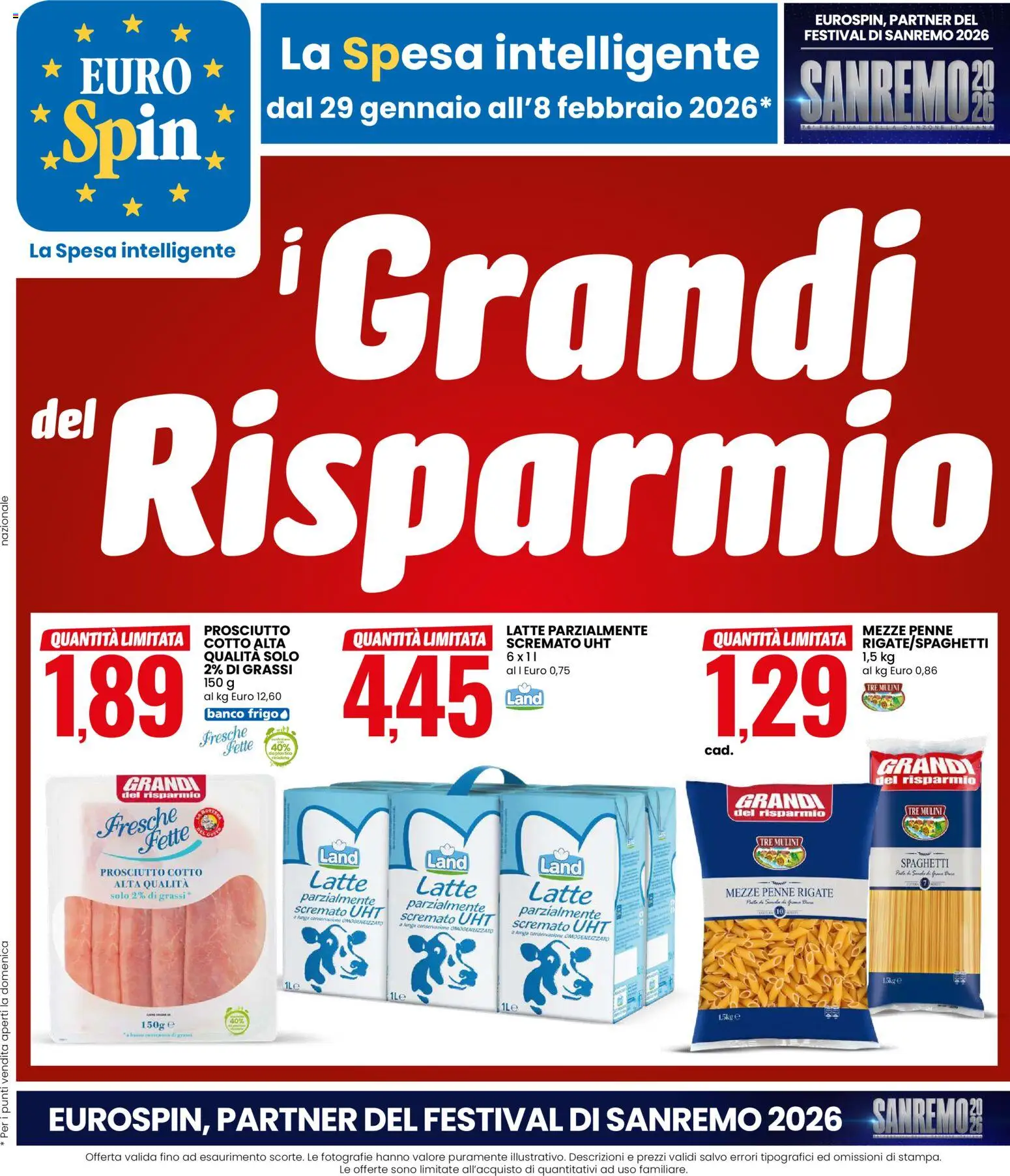 Volantino Eurospin del 29.01.2026 | Pagina: 1 | Prodotti: Prosciutto Cotto, Latte, Prosciutto, Penne