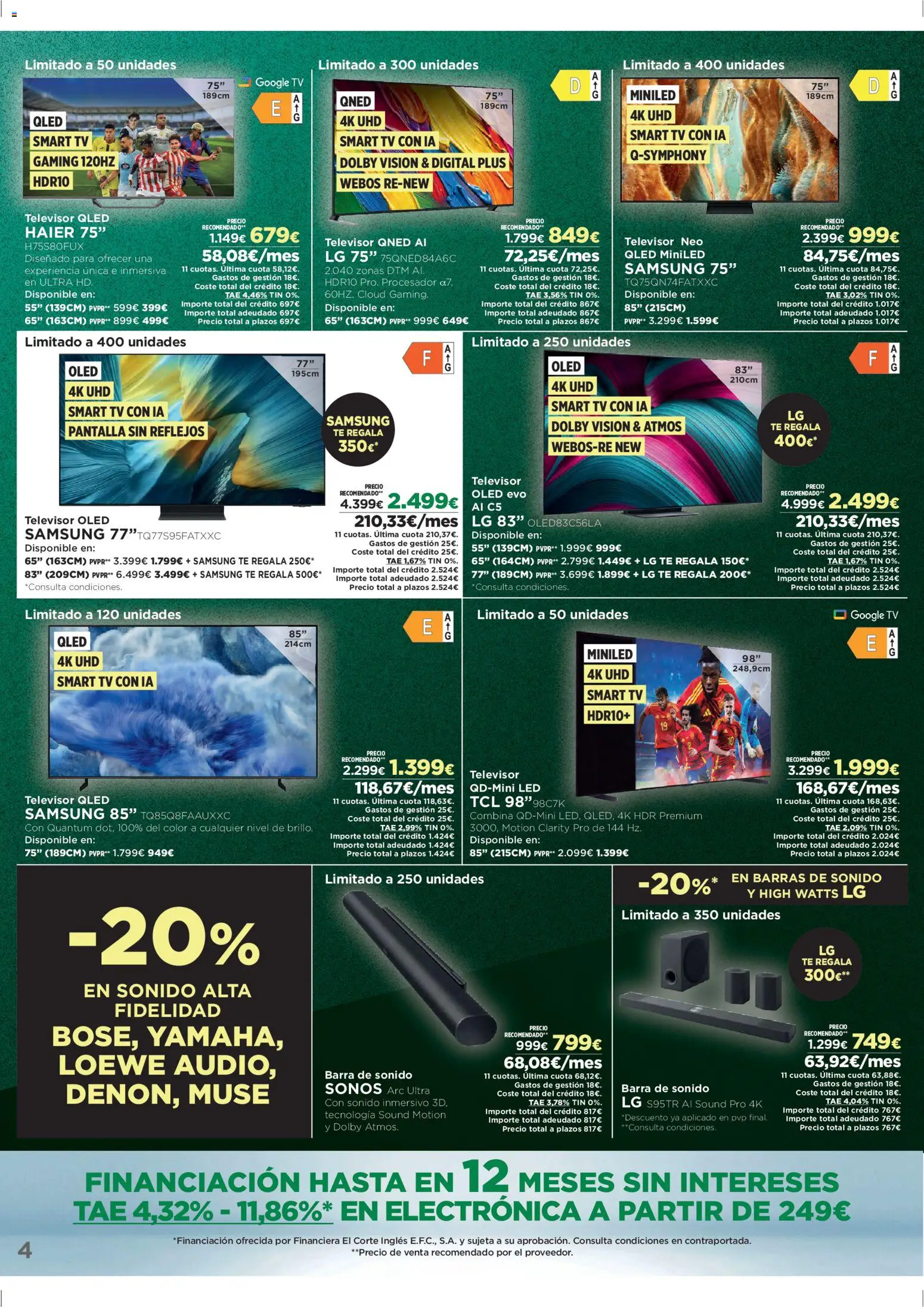 El Corte Inglés Black Friday │ válido desde el 24.11.2025 | Página: 4 | Productos: Barras de sonido, Καλαμάρι, Té, Televisor