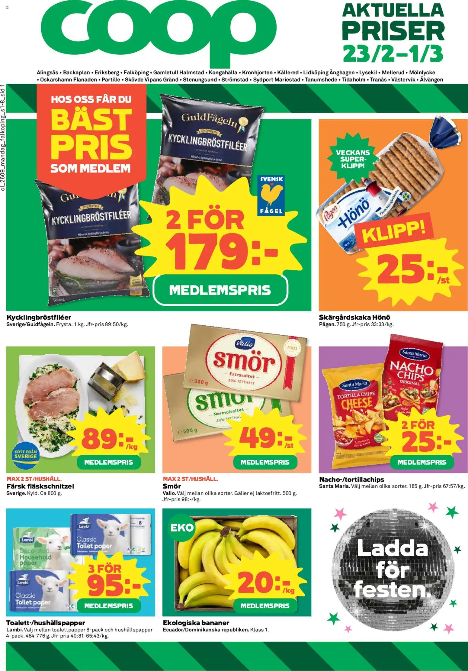 Coop reklamblad aktuell från 23.02.2026 | Sida: 1 | Produkter: Toalettpapper, Hushållspapper, Chips, Bananer