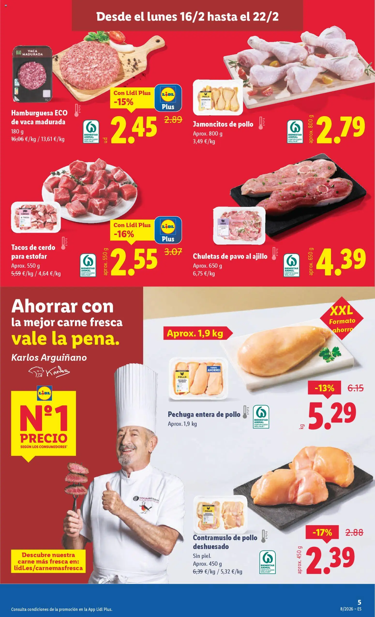 Lidl folleto │ válido desde el 16.02.2026 | Página: 5 | Productos: Chuletas de pavo, Cerdo, Tacos, Σοκολατούχο γάλα