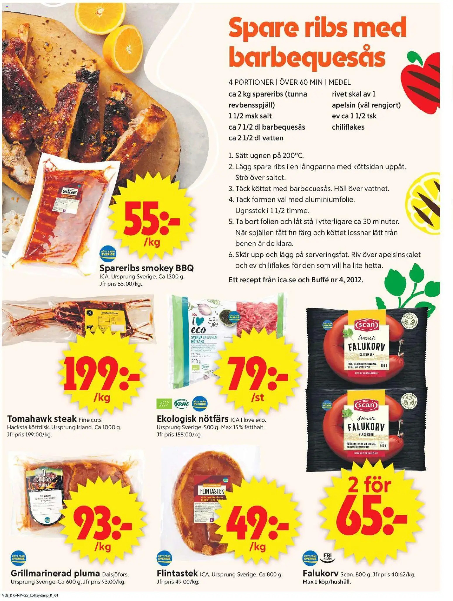 ICA Supermarket reklamblad aktuell från 27.04.2026 | Sida: 4 | Produkter: Revbensspjäll, Apelsin, Häll, Ugnen