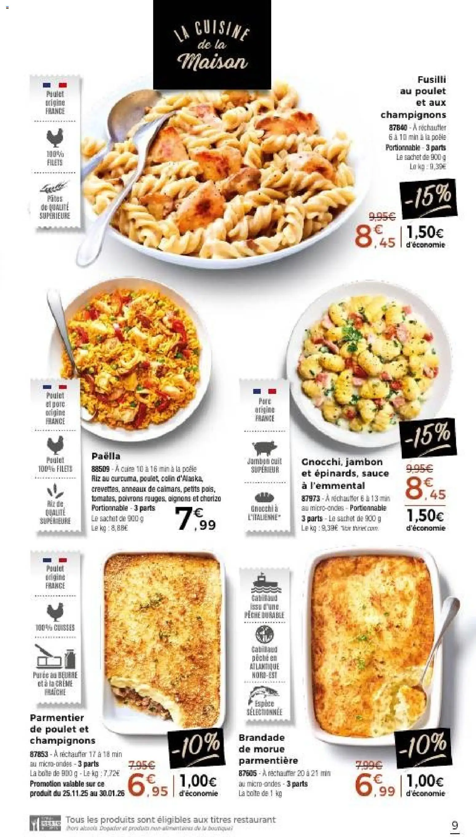 {H1} | Page: 9 | Produits: Chorizo, Pêche, Fusilli, Riz