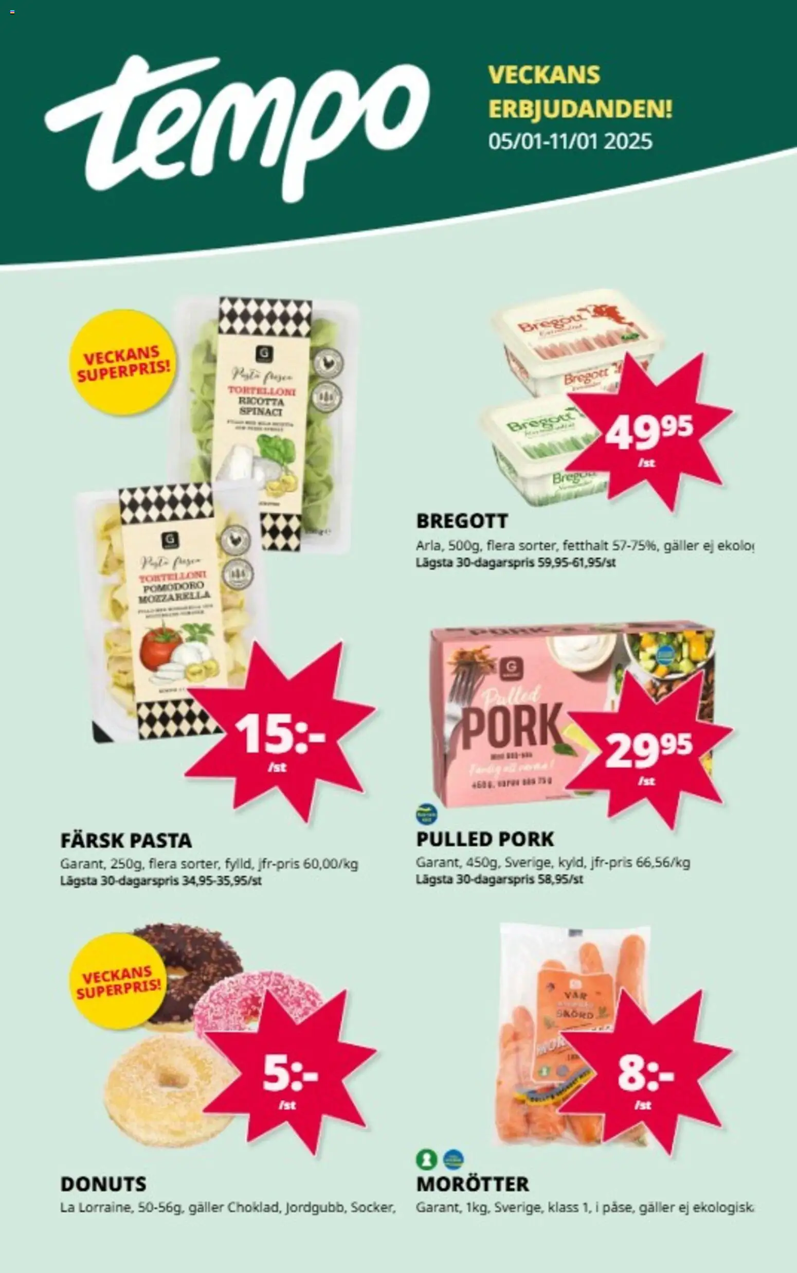 Tempo reklamblad aktuell från 05.01.2026 | Sida: 1 | Produkter: Galler, Bregott, Pasta
