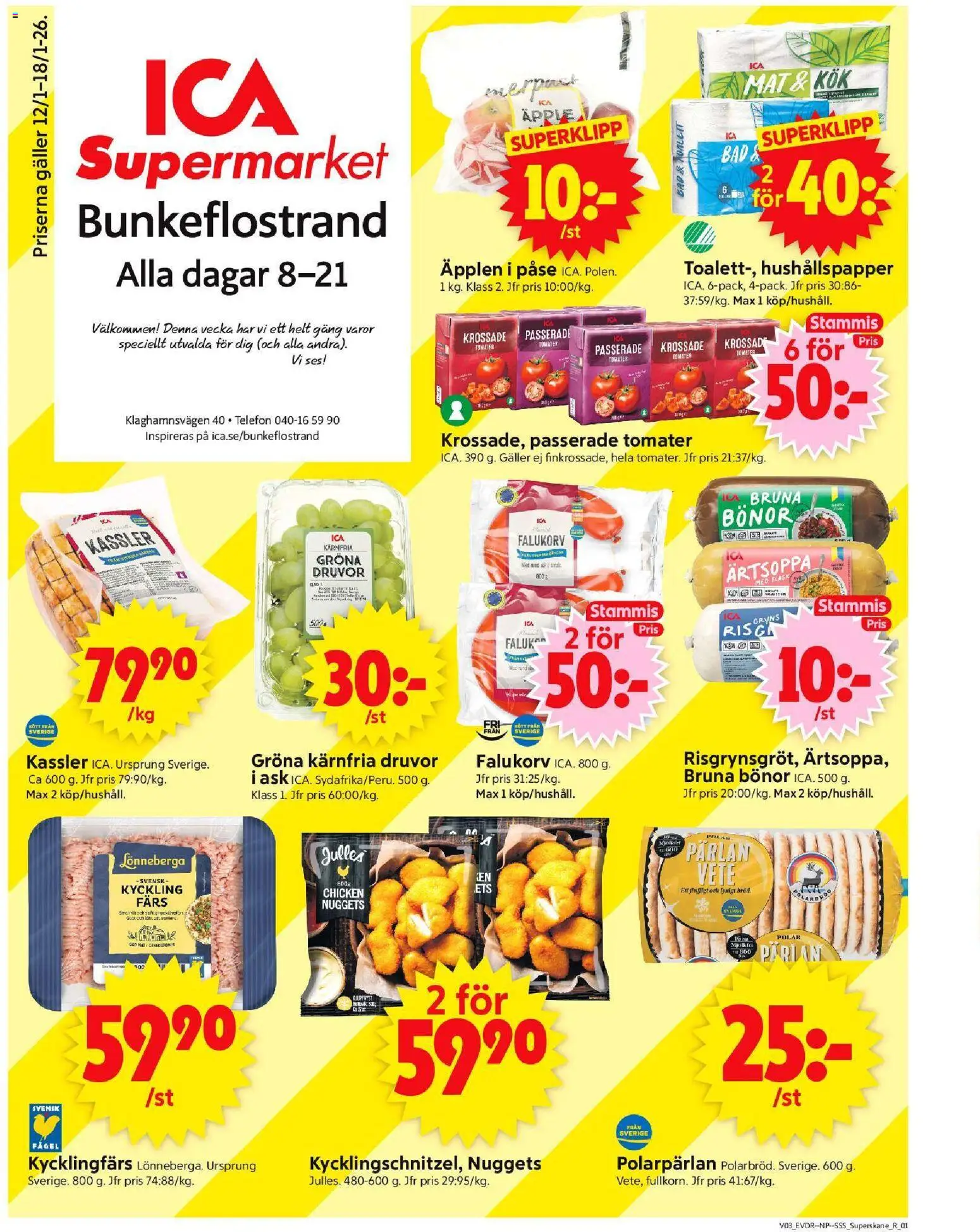 ICA Supermarket reklamblad aktuell från 12.01.2026 | Sida: 1 | Produkter: Hushållspapper, Toalett, Fläsk, Äpplen