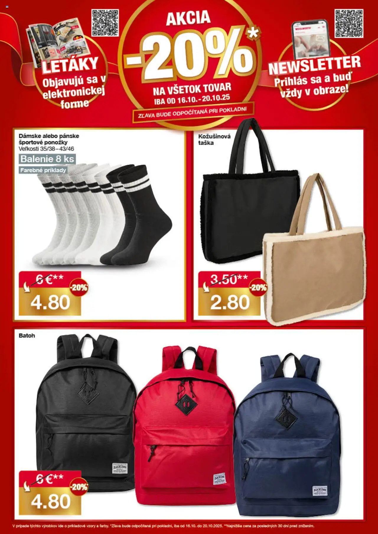 Nové Woolworth akcie – leták je platný od 16.10.2025 | Strana: 4 | Produkty: Ponožky, Batoh, Taška