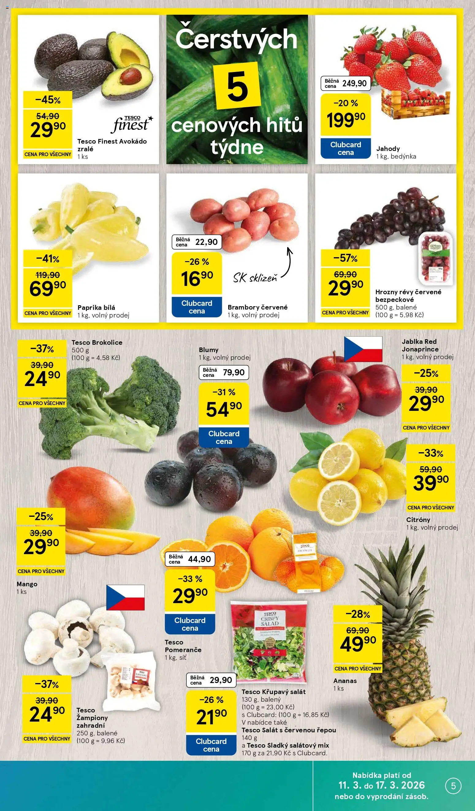 Tesco leták - Hypermarket od 11.03.2026 | Strana: 5 | Produkty: Žampiony, Jablka, Pomeranče, Paprika