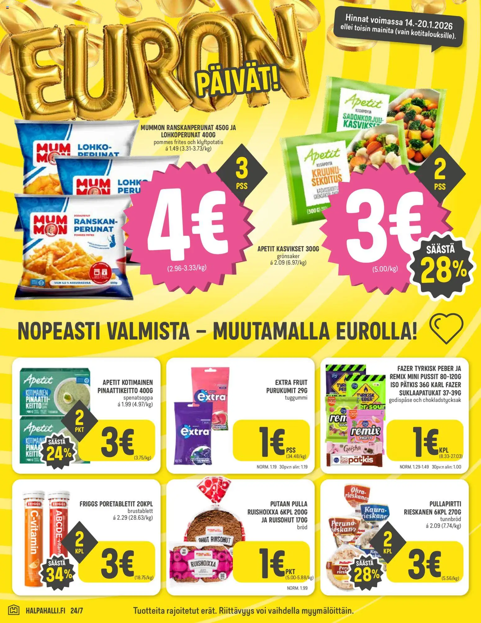 Halpa Halli tarjoukset – voimassa 14.01.2026 alkaen | Sivu: 4 | Tuotteet: Ranskanperunat, Kaura, Pinaatti, Pulla