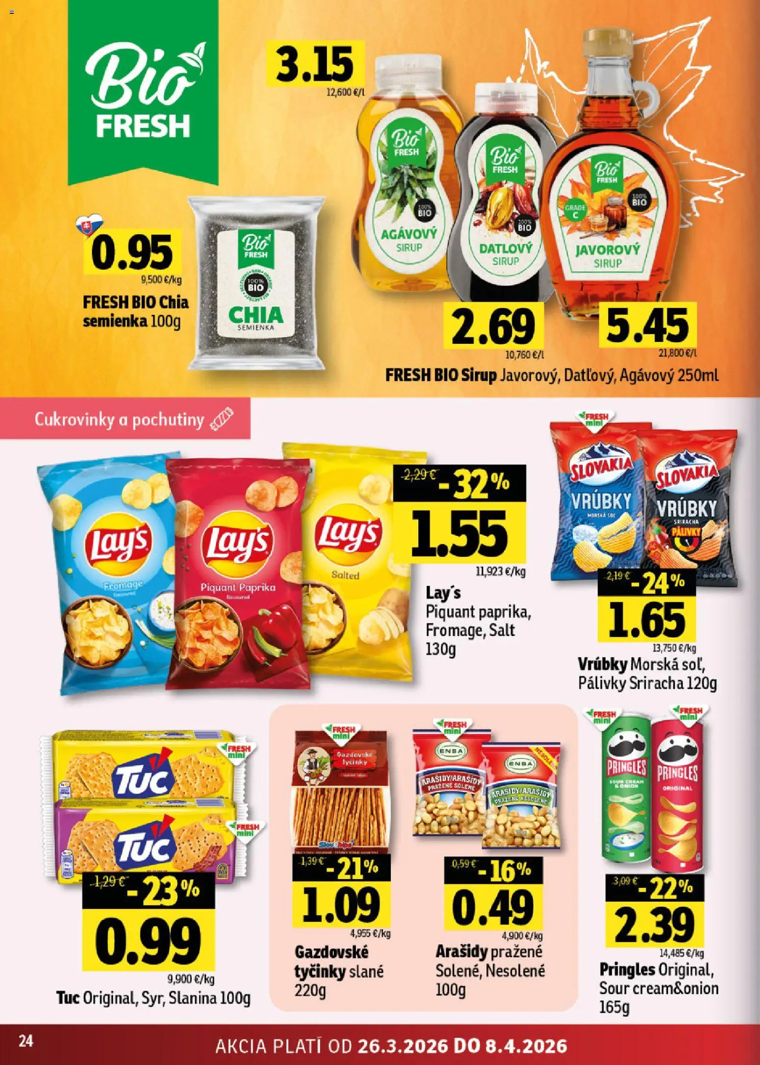 Nové Fresh akcie – leták je platný od 26.03.2026 | Strana: 24 | Produkty: Paprika, Javorový sirup, Pringles, Arašidy
