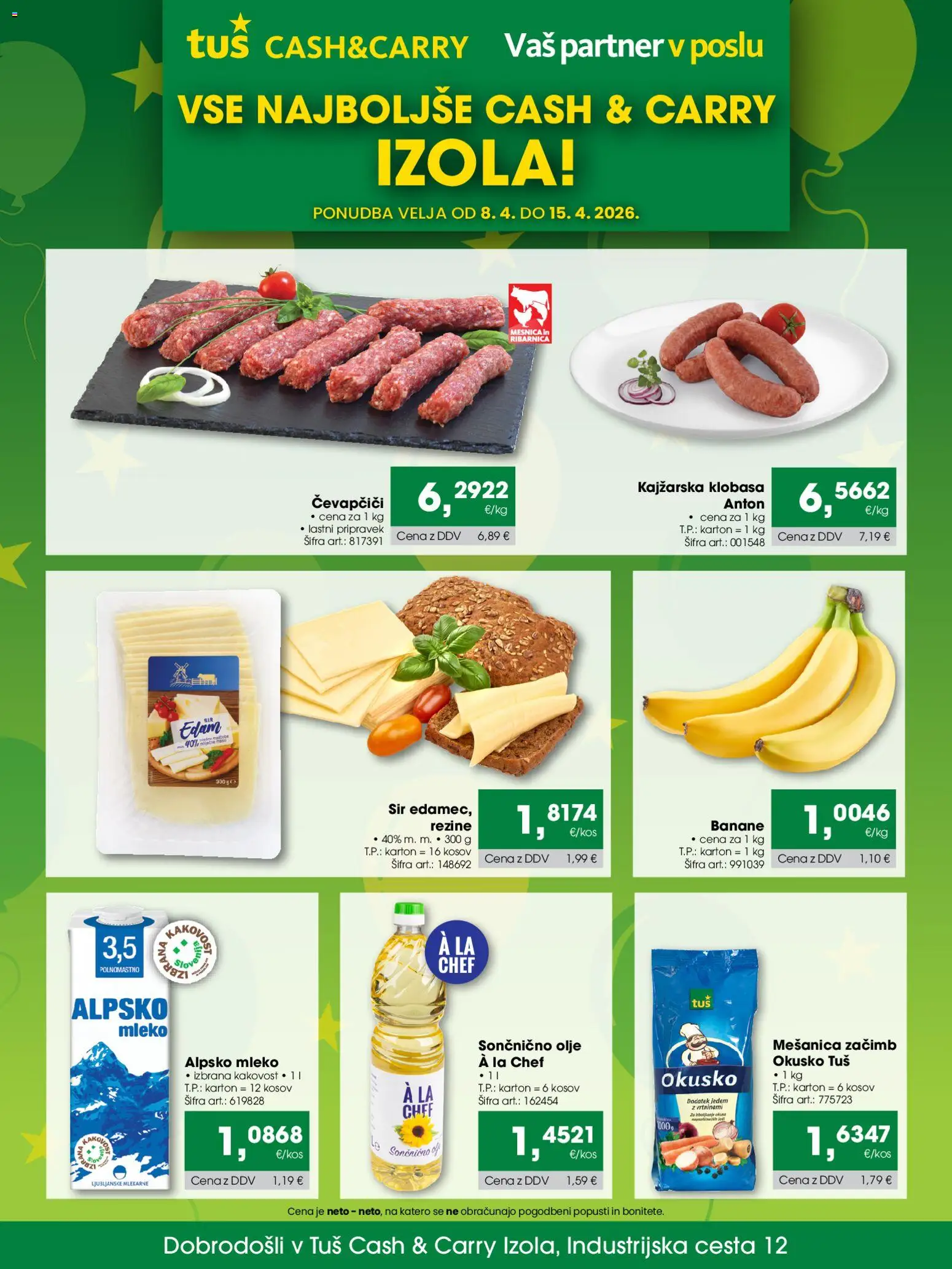 Novi Tuš katalog ponudbe – veljaven od 08.04.2026 | Stran: 1 | Izdelki: Čevapčiči, Sir, Olje, Banane