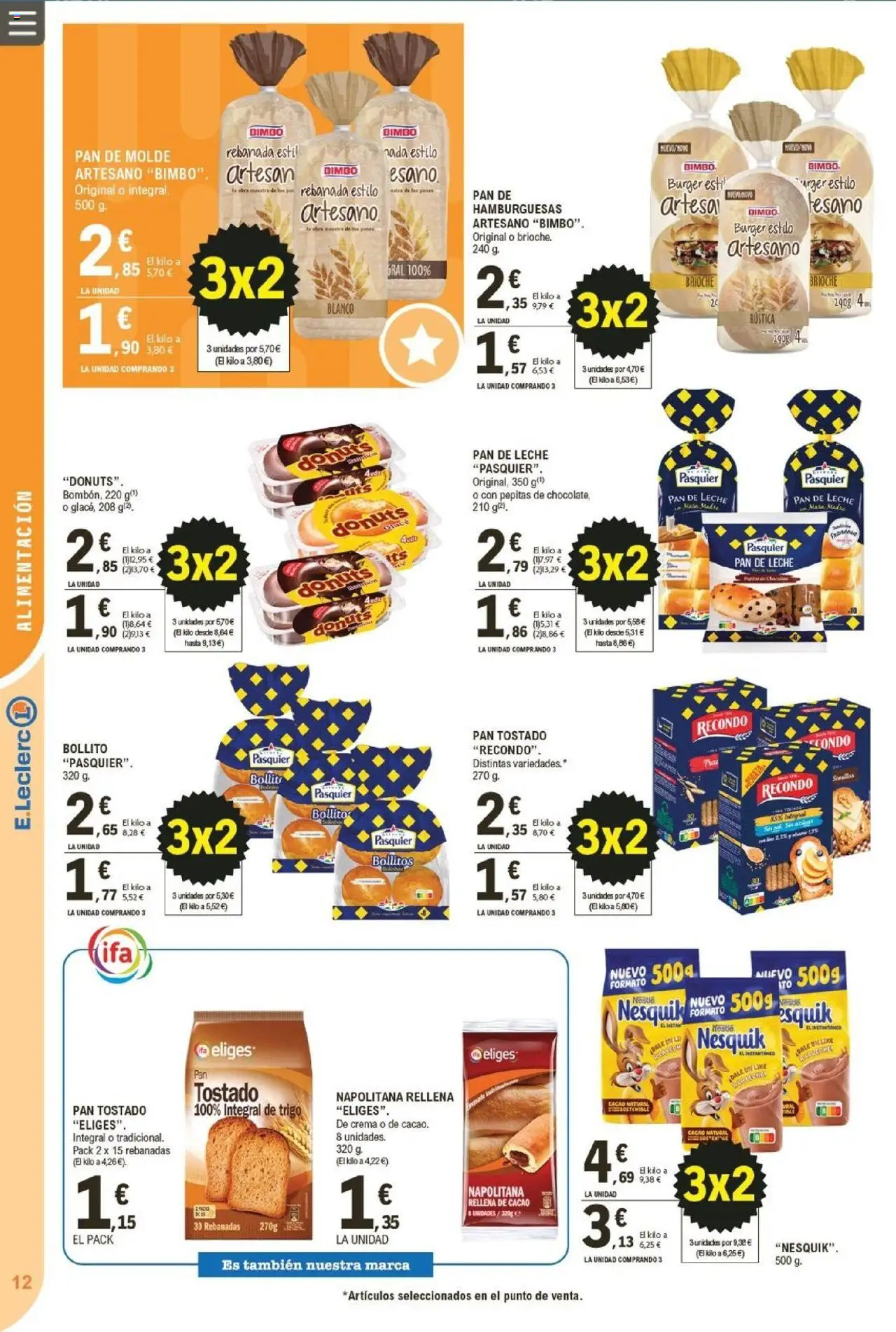 E.Leclerc folleto │ válido desde el 22.10.2025 | Página: 12 | Productos: Pan de molde, Pan de leche, Donuts, Φρυγανιές σικάλεως