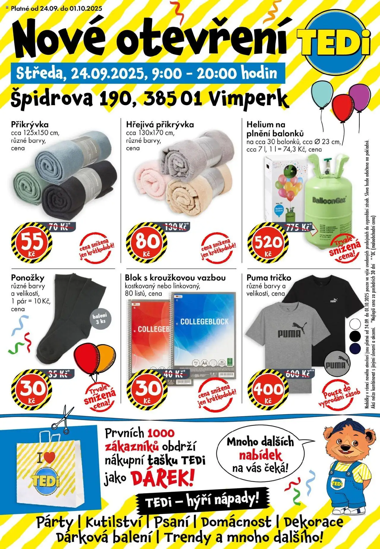 TEDi leták - Vimperk od 24.09.2025 | Strana: 1 | Produkty: Tričko, Blok, Barvy, Dekorace
