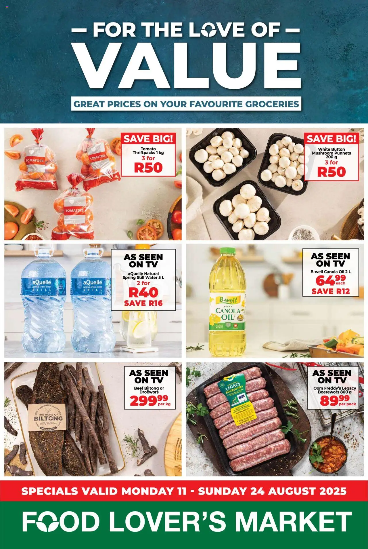 Food Lover's Market Inland Provinces - Specials │ valid from 11.08.2025 | Page: 1 | Products: TV, Boerewors, Oil, Tomatoes