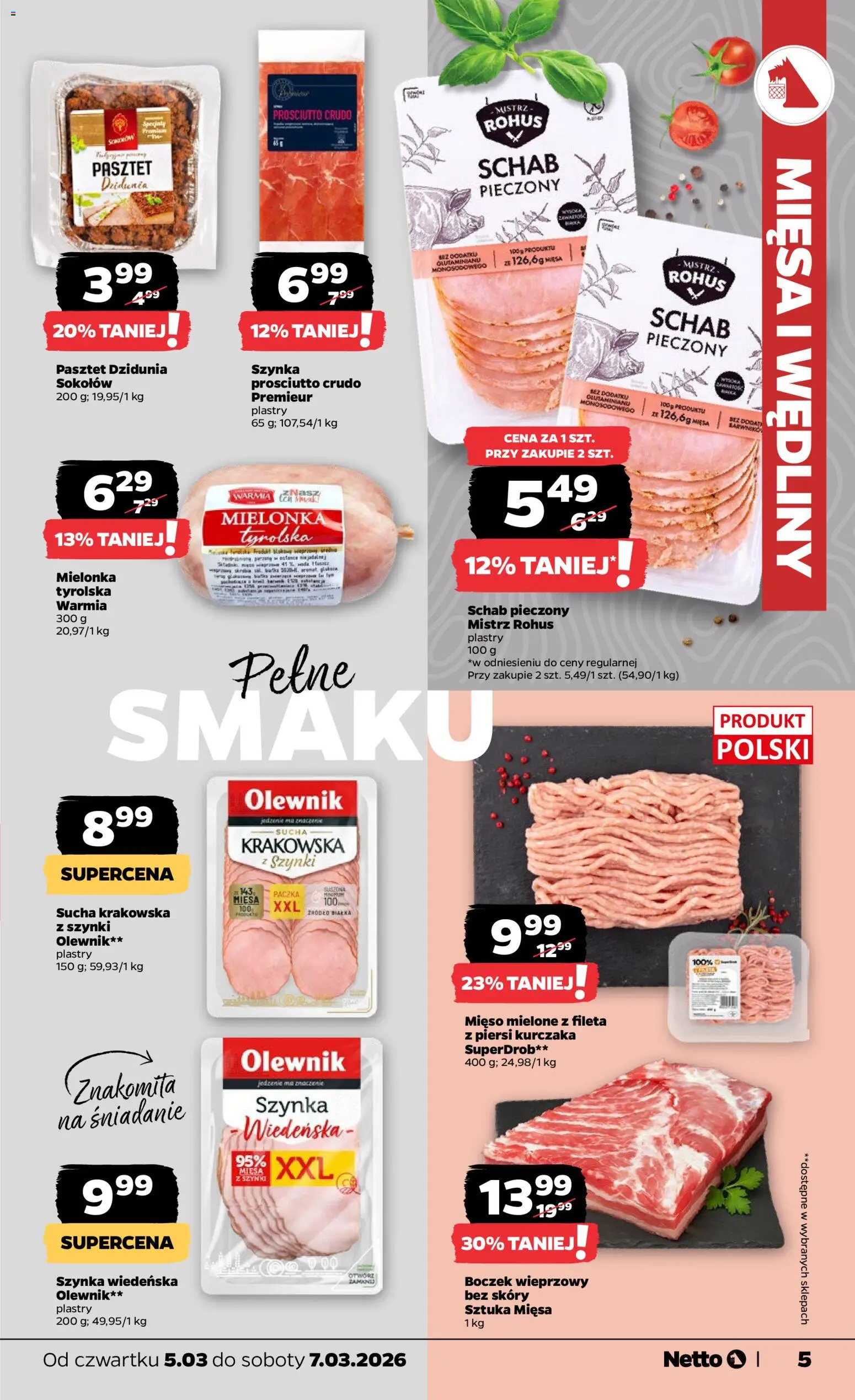 Netto gazetka od czwartku spożywcza od 05.03.2026 | Strona: 5 | Produkty: Boczek wieprzowy, Szynka, Prosciutto, Wędliny