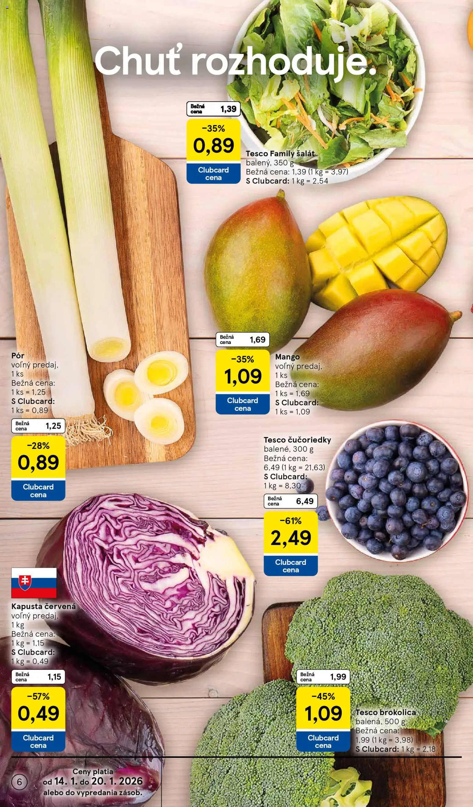 Nové Tesco akcie – leták je platný od 14.01.2026 | Strana: 6 | Produkty: Kapusta, Kapusta červená, Brokolica, Mango