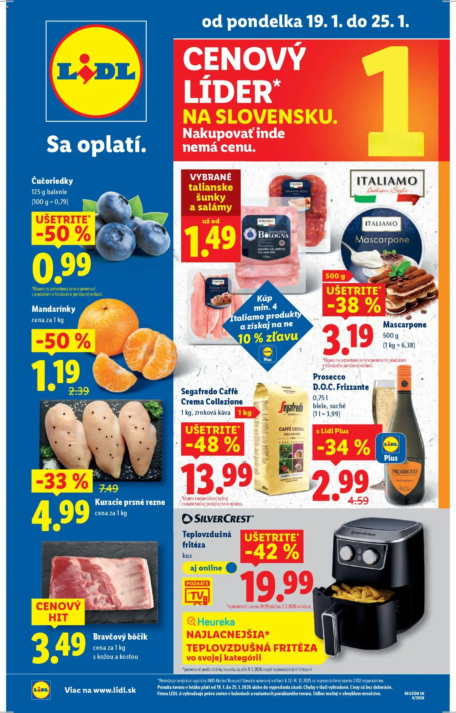 Nové Lidl akcie – leták je platný od 19.01.2026 | Strana: 1 | Produkty: Fritéza, Teplovzdušná frítéza, Mandarinky, Zrnková káva