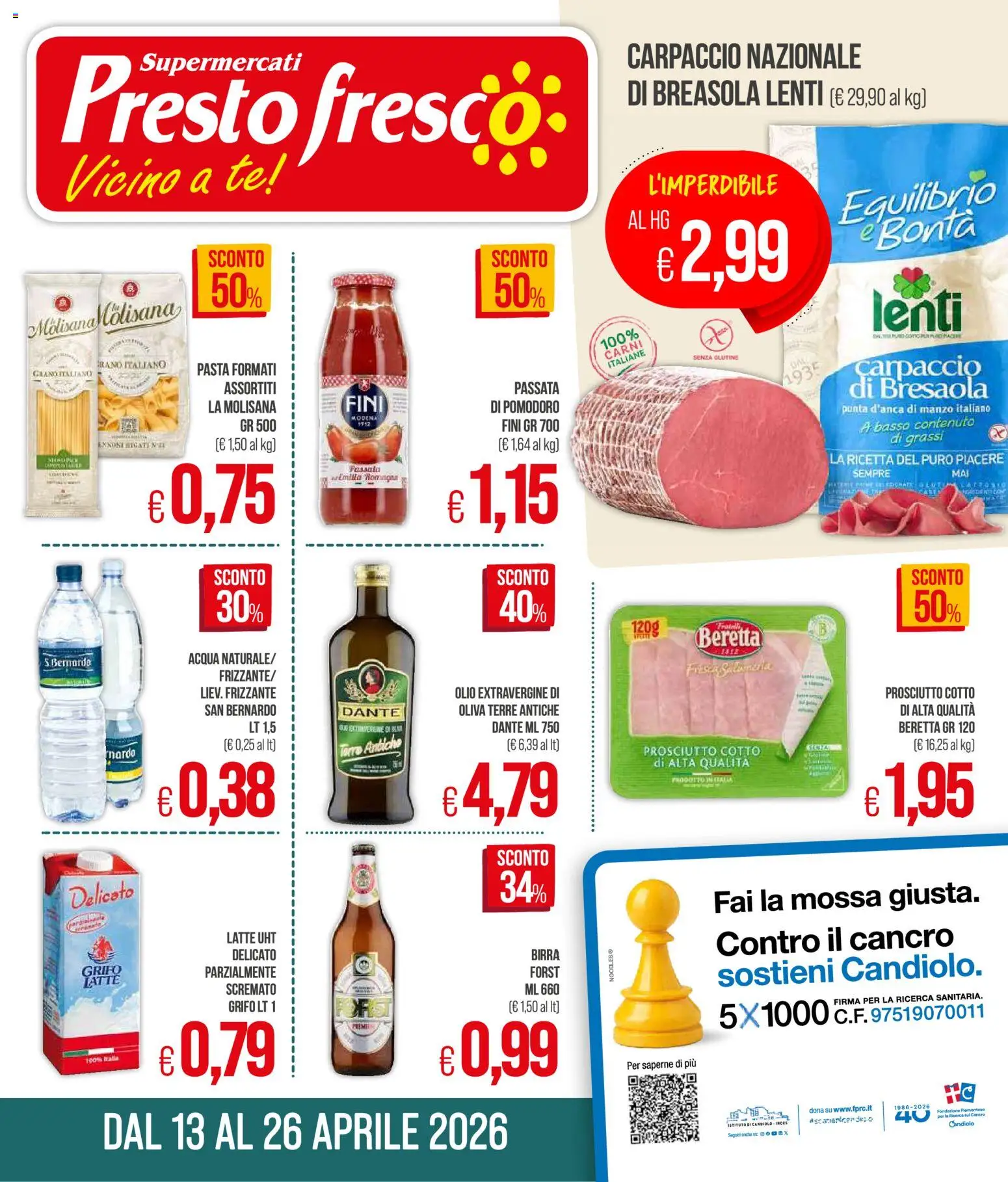 Volantino Presto Fresco del 13.04.2026 | Pagina: 1 | Prodotti: Bresaola, Pomodoro, Latte, Pasta