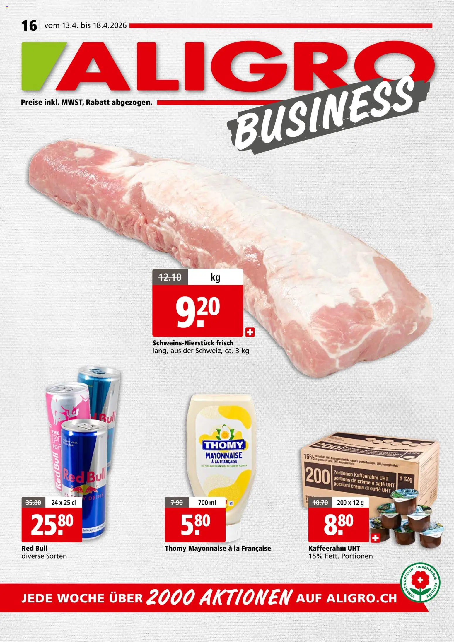 Aligro aktionen Business Schlieren, Gossau SG, Frauenfeld, Rapperswil-Jona, Sargans, Bern – gültig ab 13.04.2026 | Seite: 1 | Produkte: Red bull, Mayonnaise, Creme